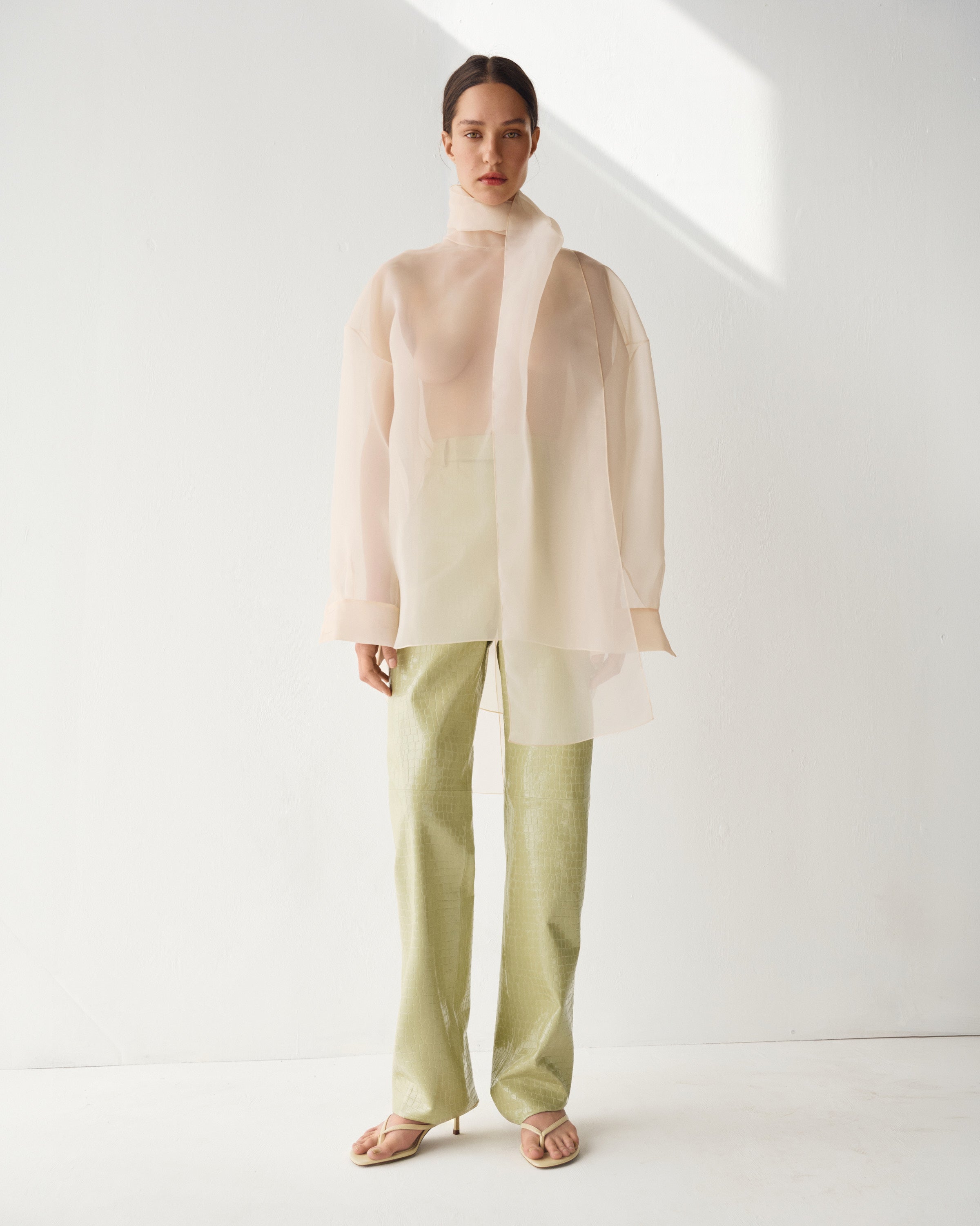 SEMI-SHEER LIGHT BEIGE SCARF BLOUSE