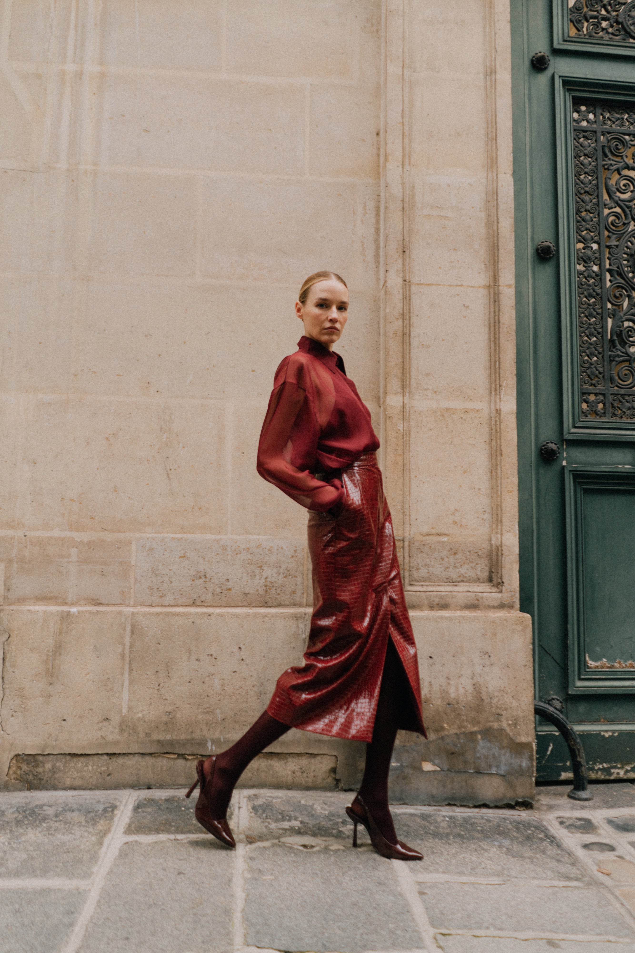 CROCO BURGUNDY MIDI SKIRT