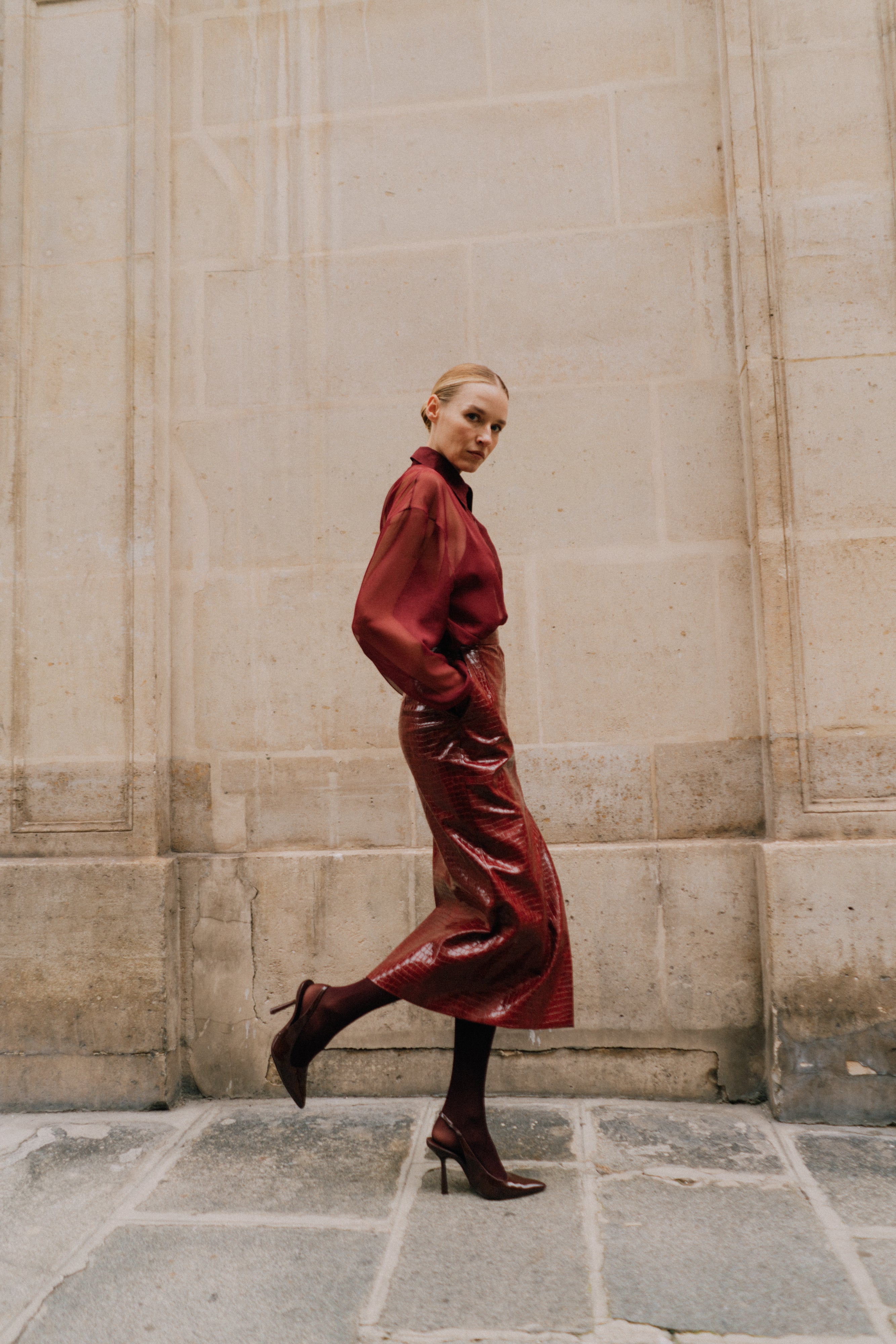 CROCO BURGUNDY MIDI SKIRT