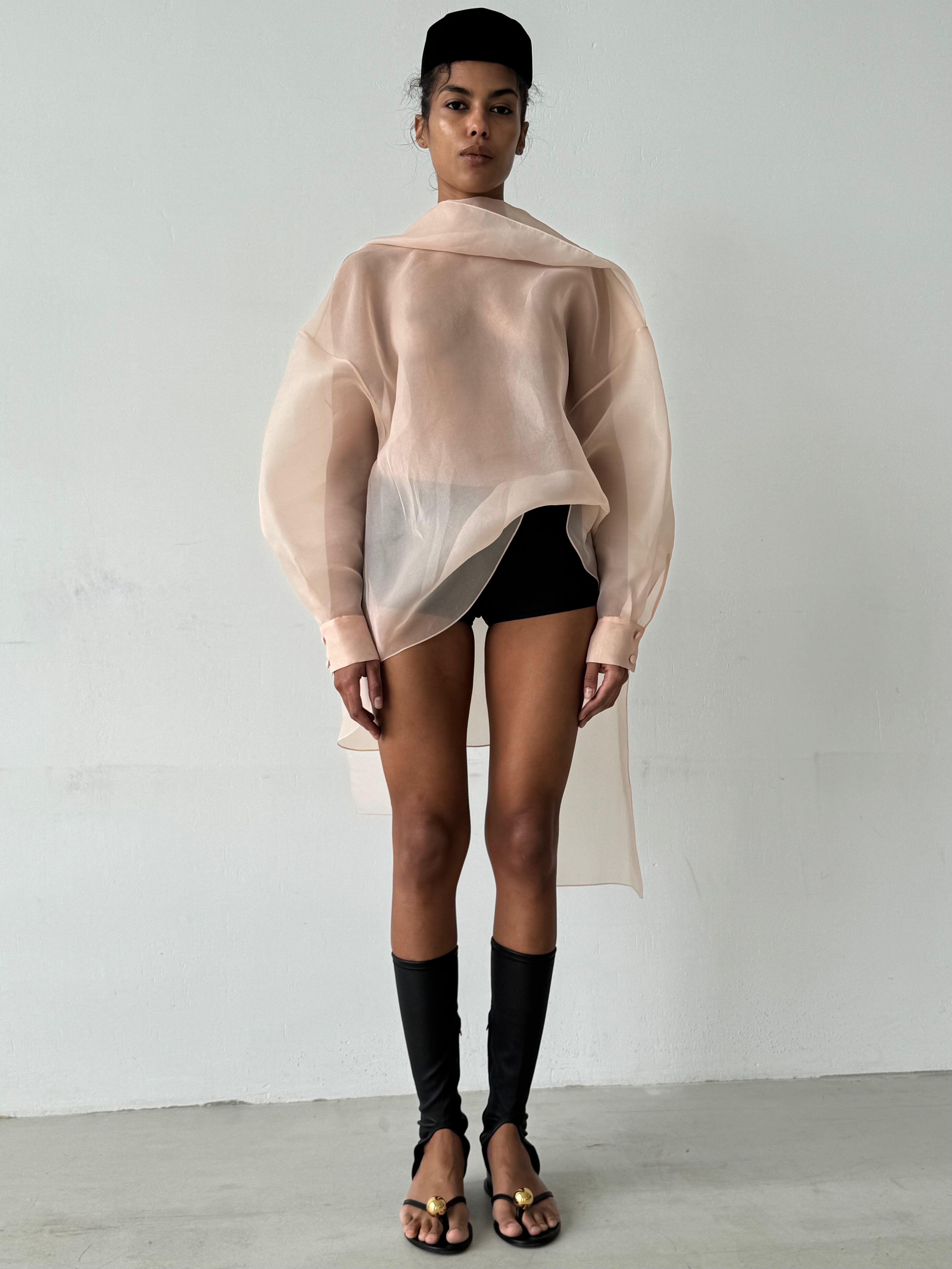 SEMI-SHEER BEIGE SCARF BLOUSE