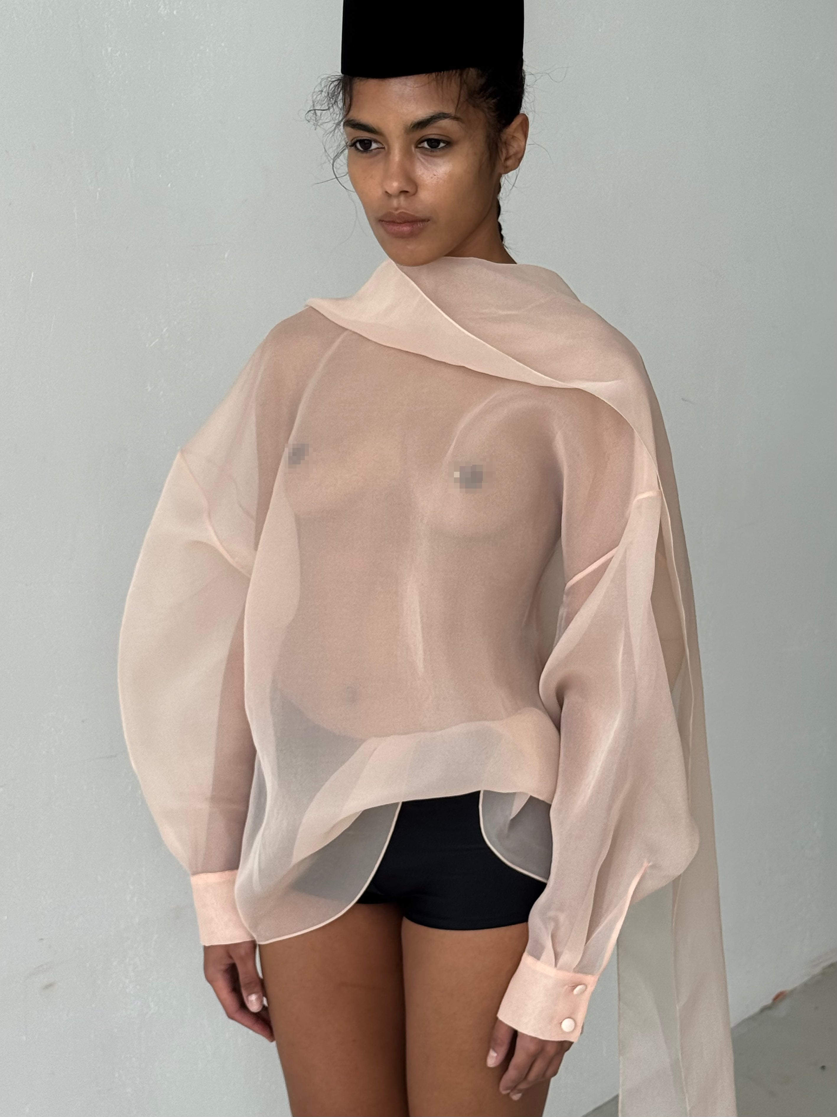 SEMI-SHEER BEIGE SCARF BLOUSE