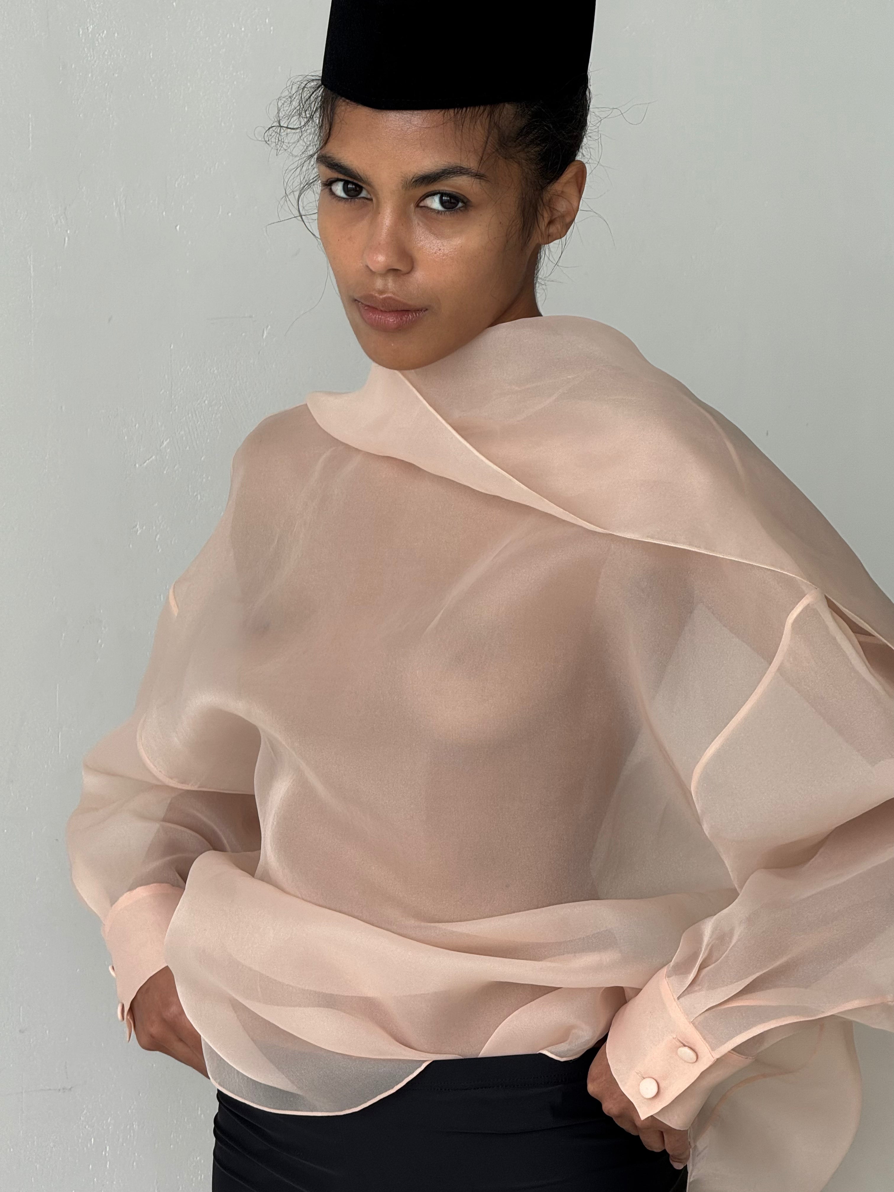 SEMI-SHEER BEIGE SCARF BLOUSE