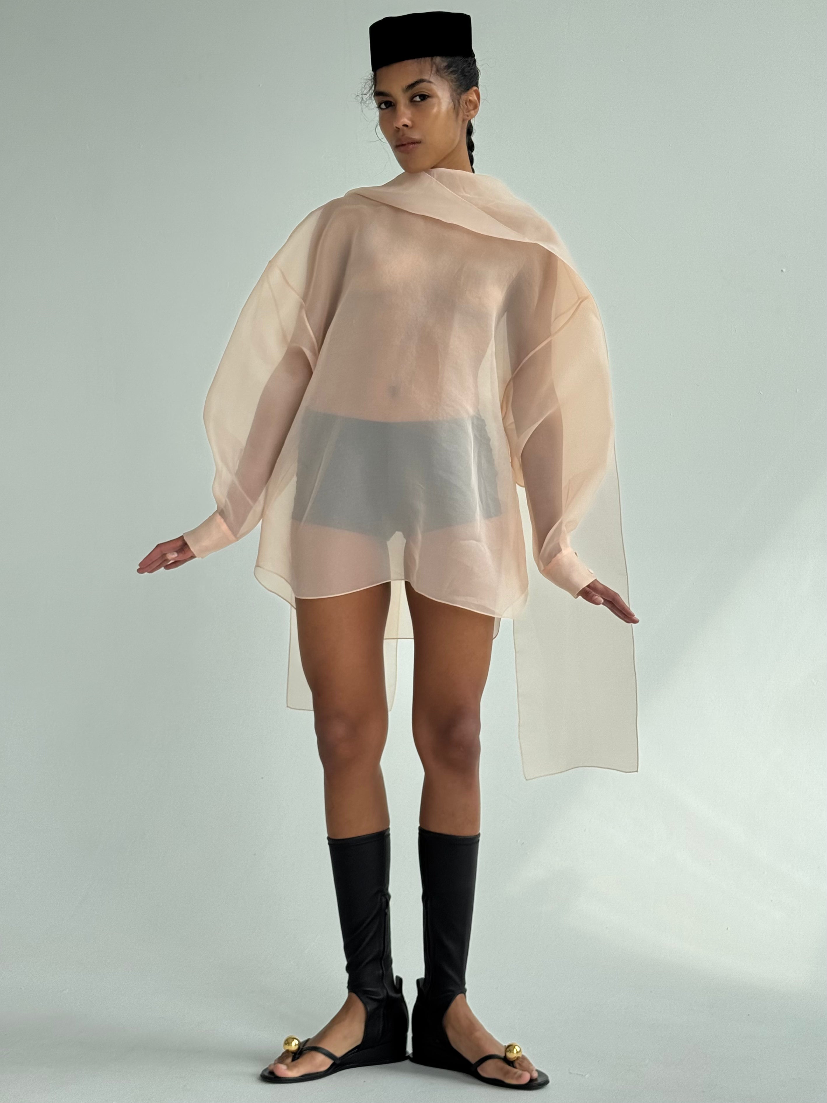 SEMI-SHEER BEIGE SCARF BLOUSE