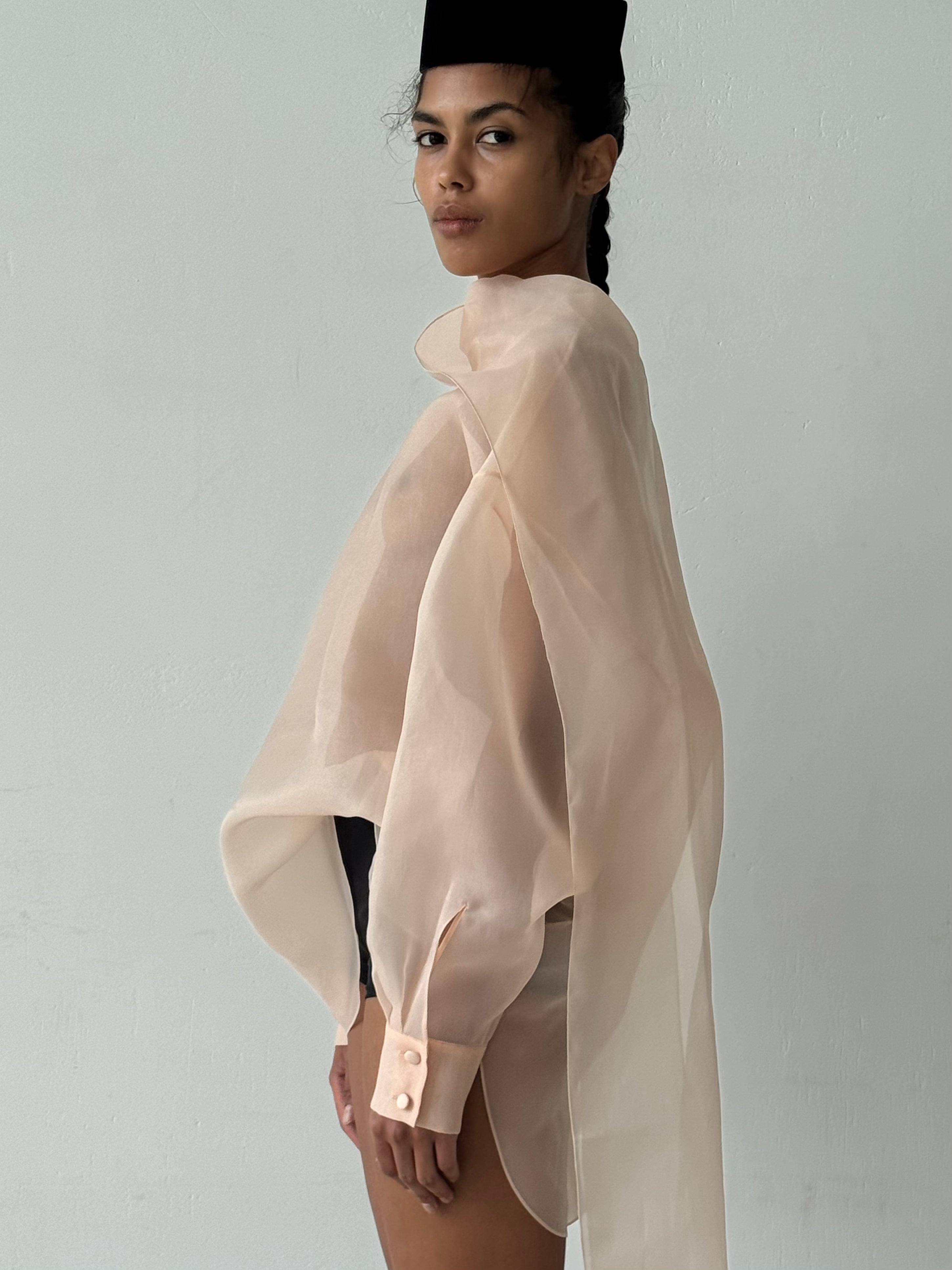 SEMI-SHEER BEIGE SCARF BLOUSE