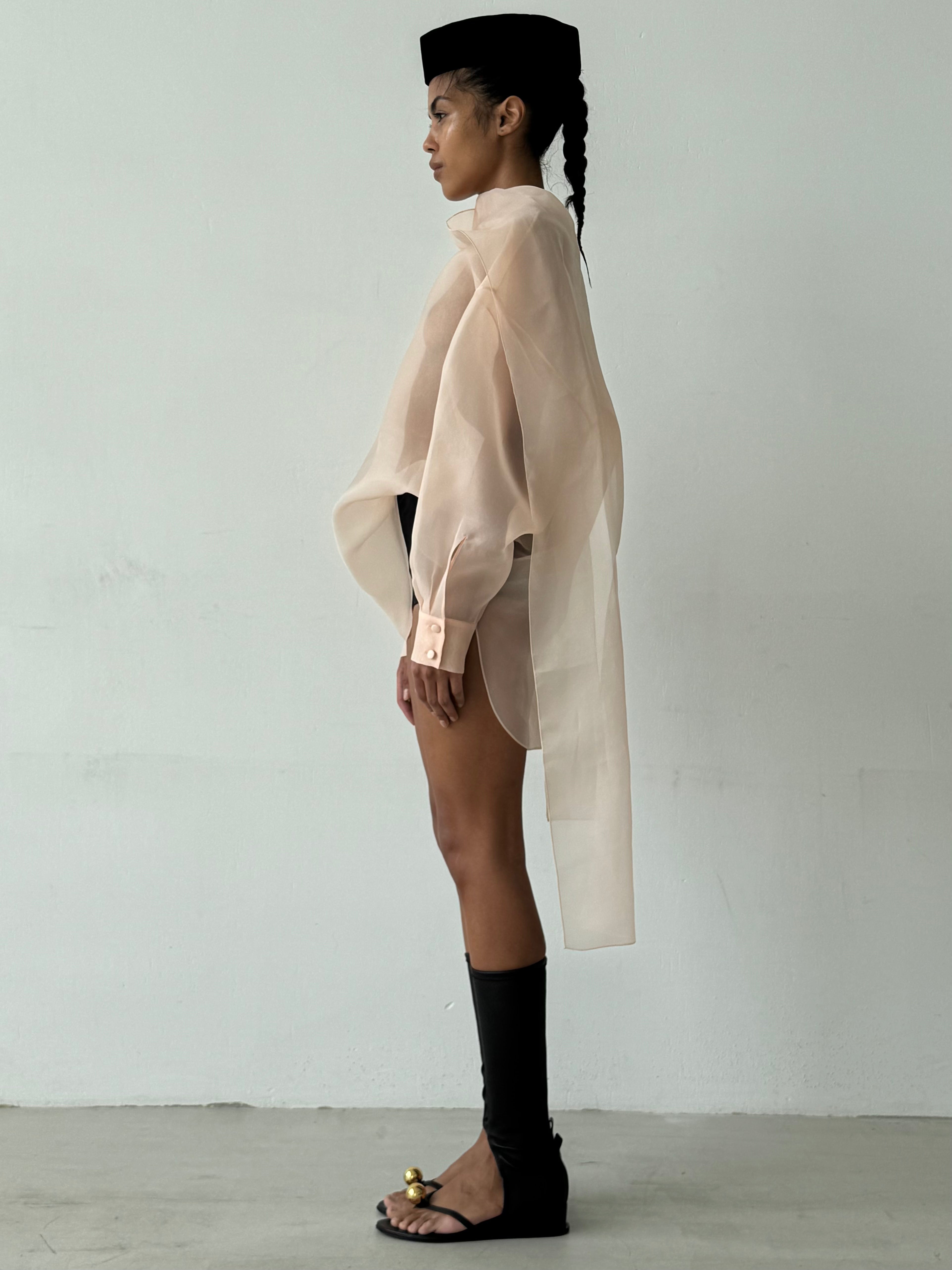 SEMI-SHEER BEIGE SCARF BLOUSE