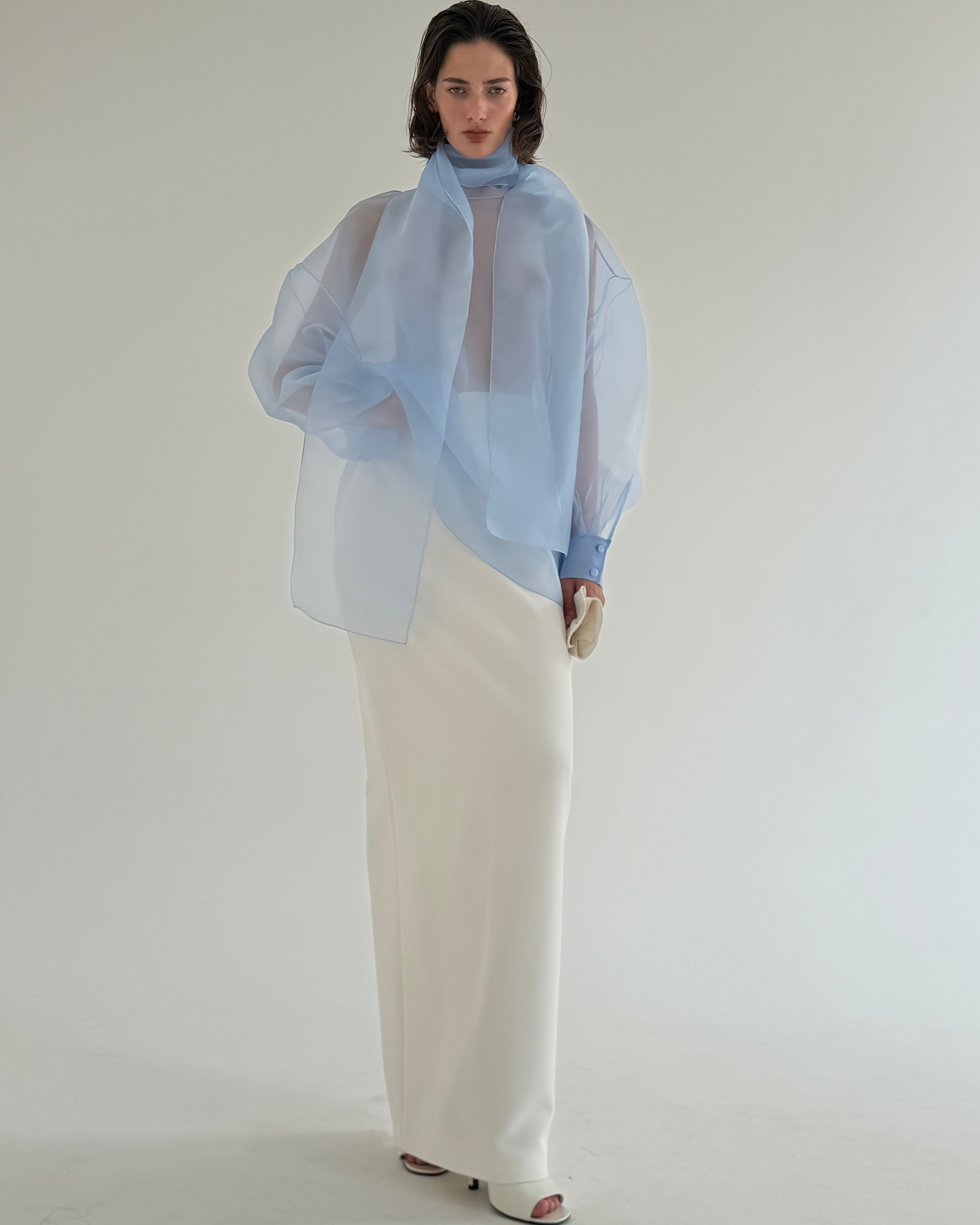 SEMI-SHEER BLUE SCARF BLOUSE