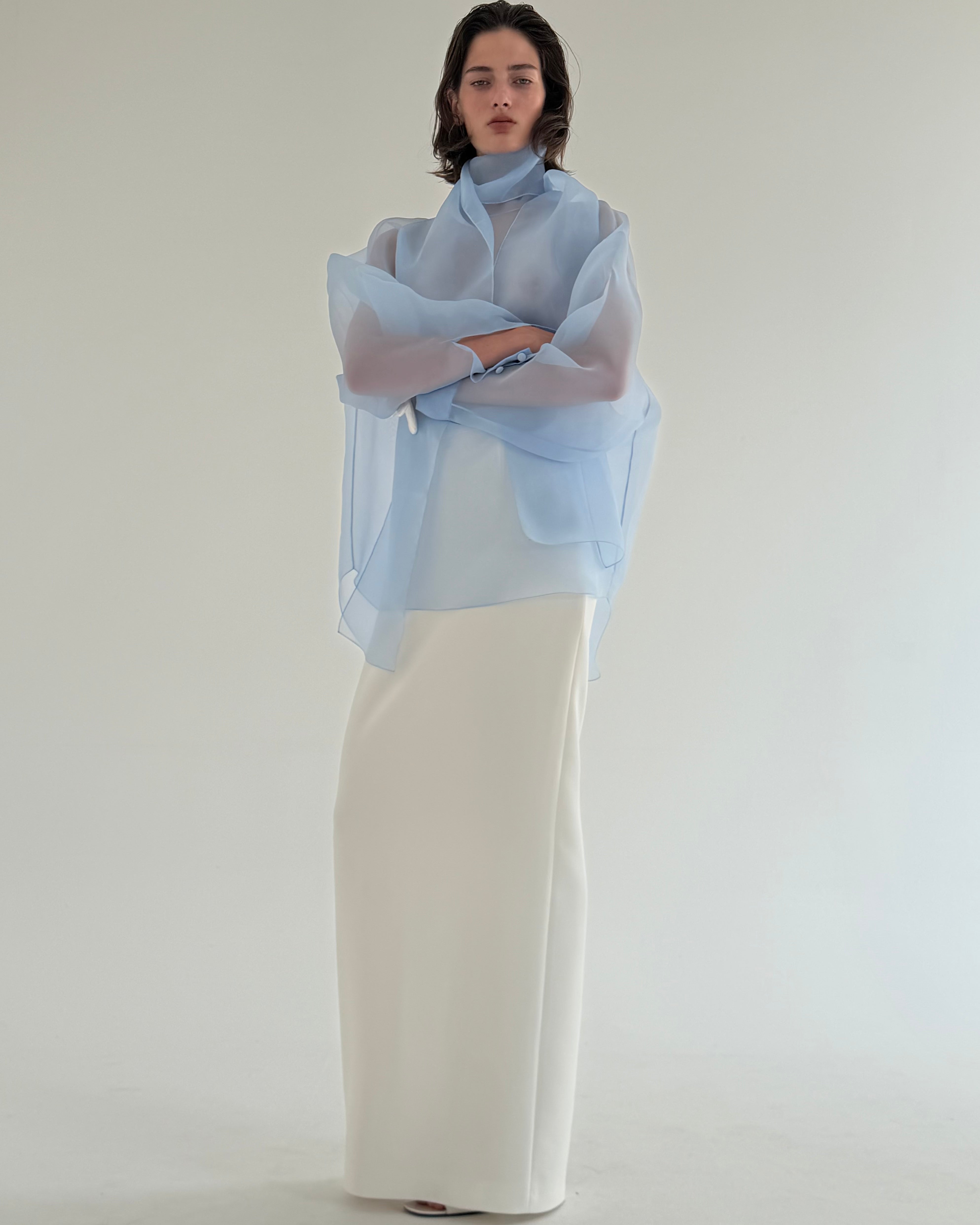 SEMI-SHEER BLUE SCARF BLOUSE