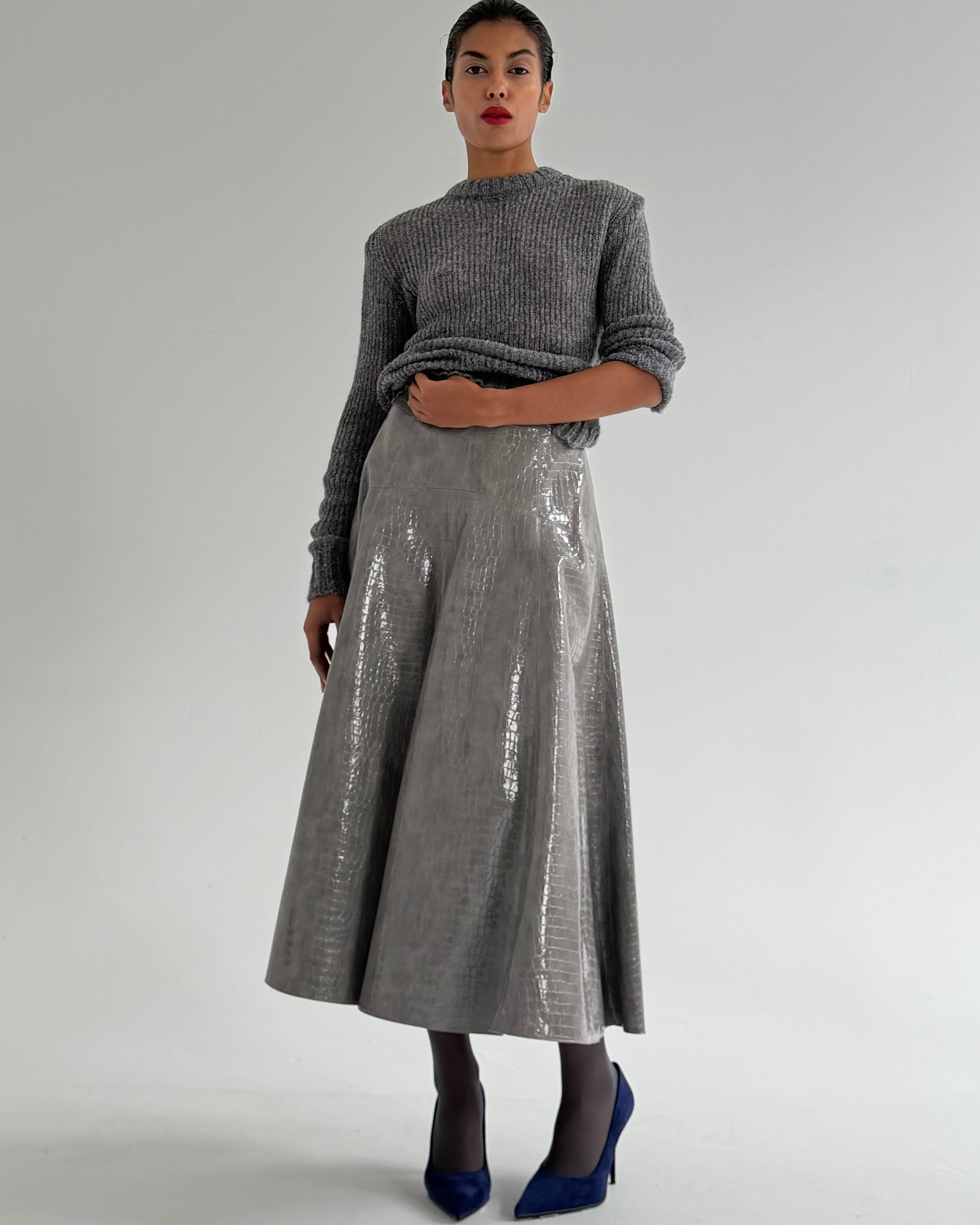 CROCO GREY FLARE SKIRT