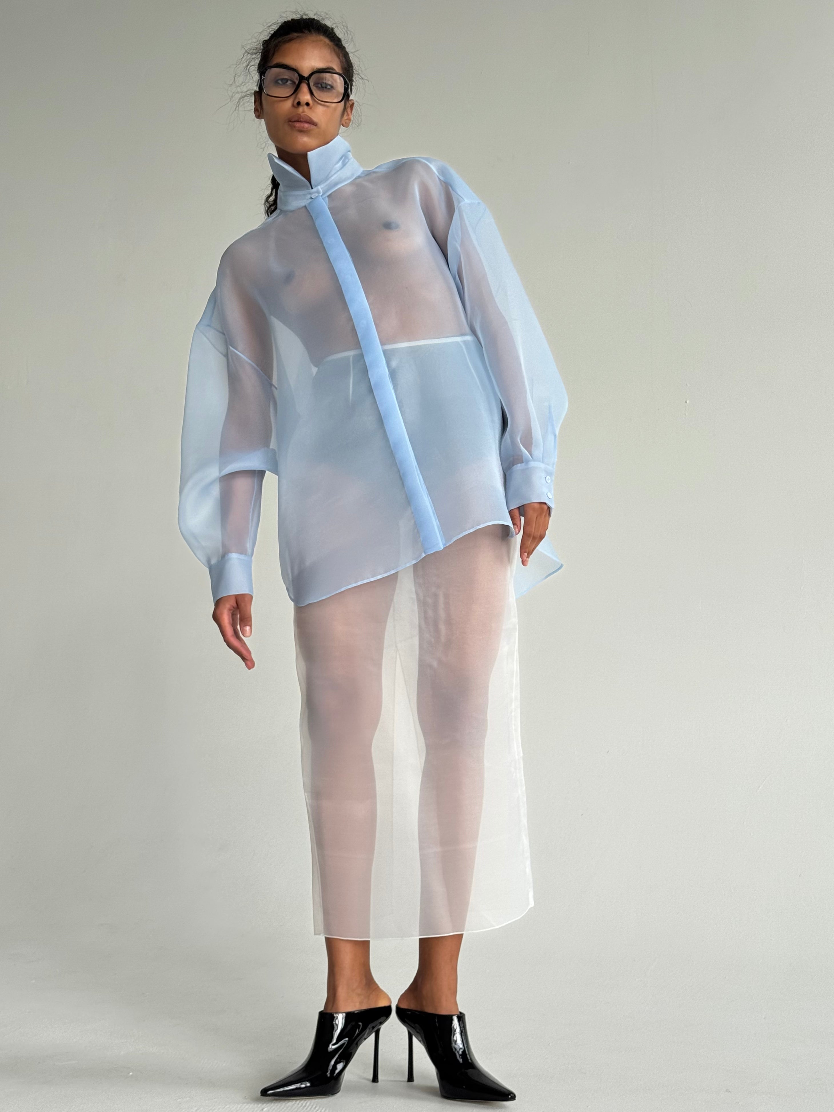 SEMI-SHEER BLUE BLOUSE