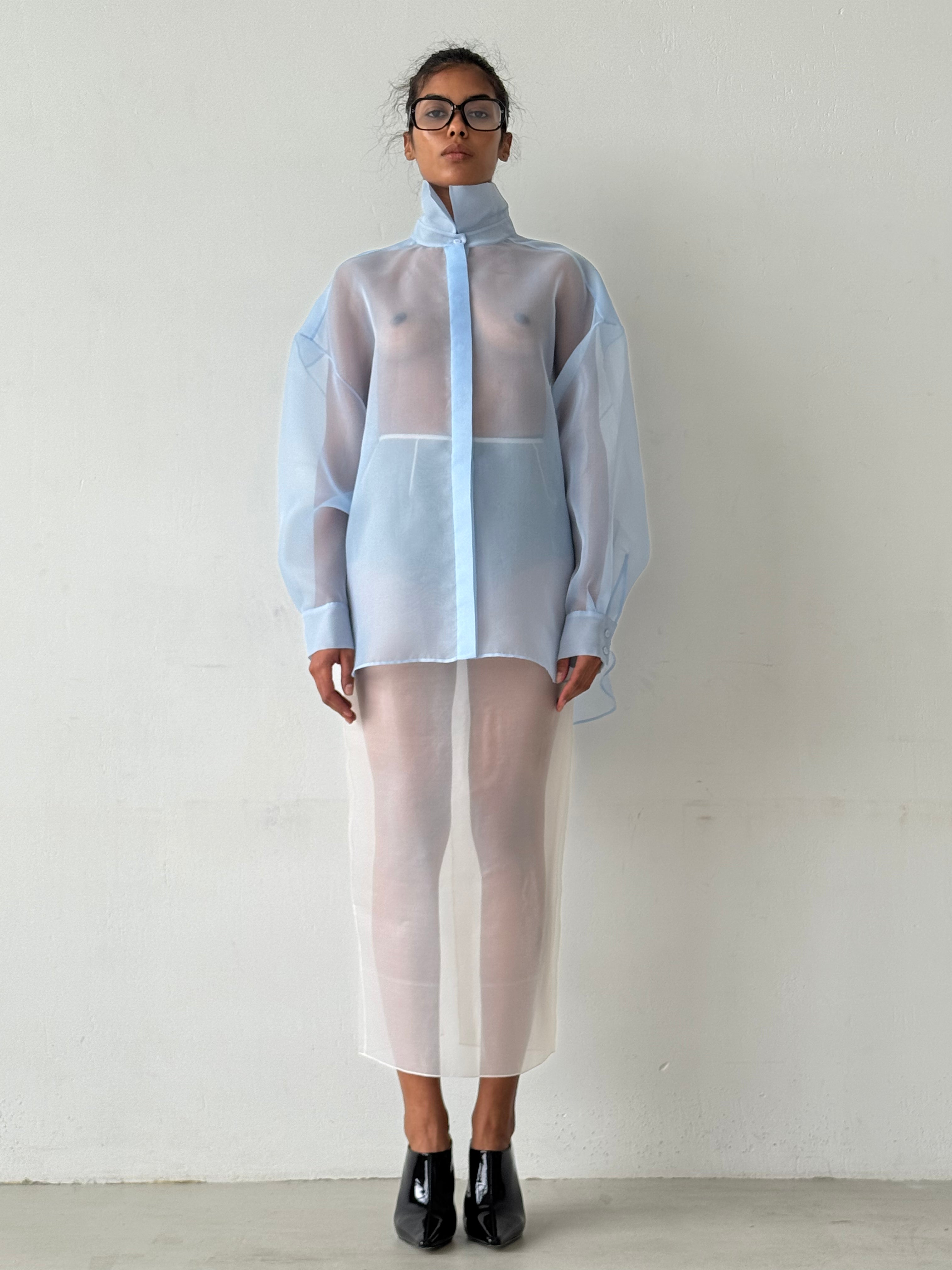SEMI-SHEER BLUE BLOUSE