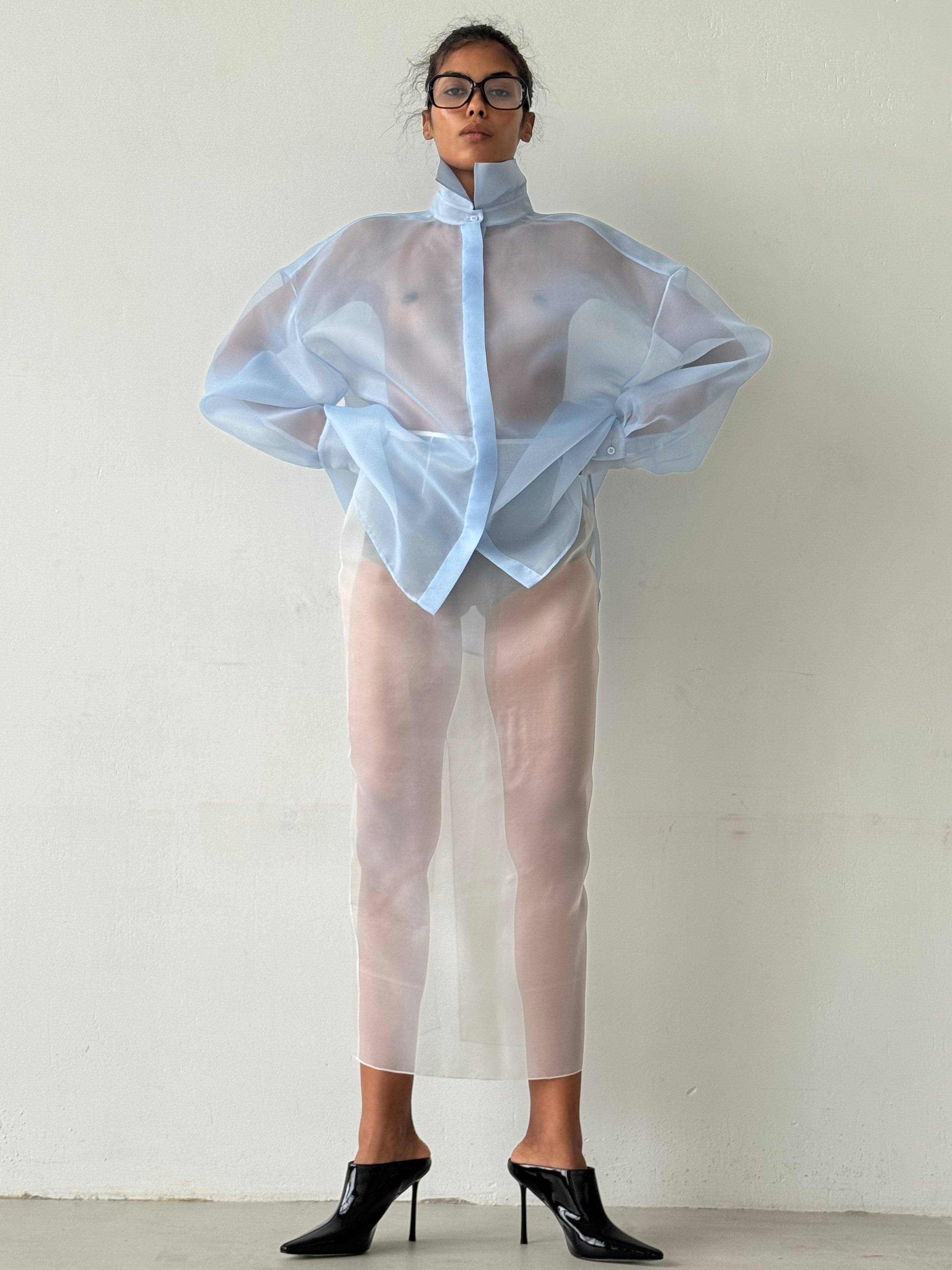 SEMI-SHEER BLUE BLOUSE
