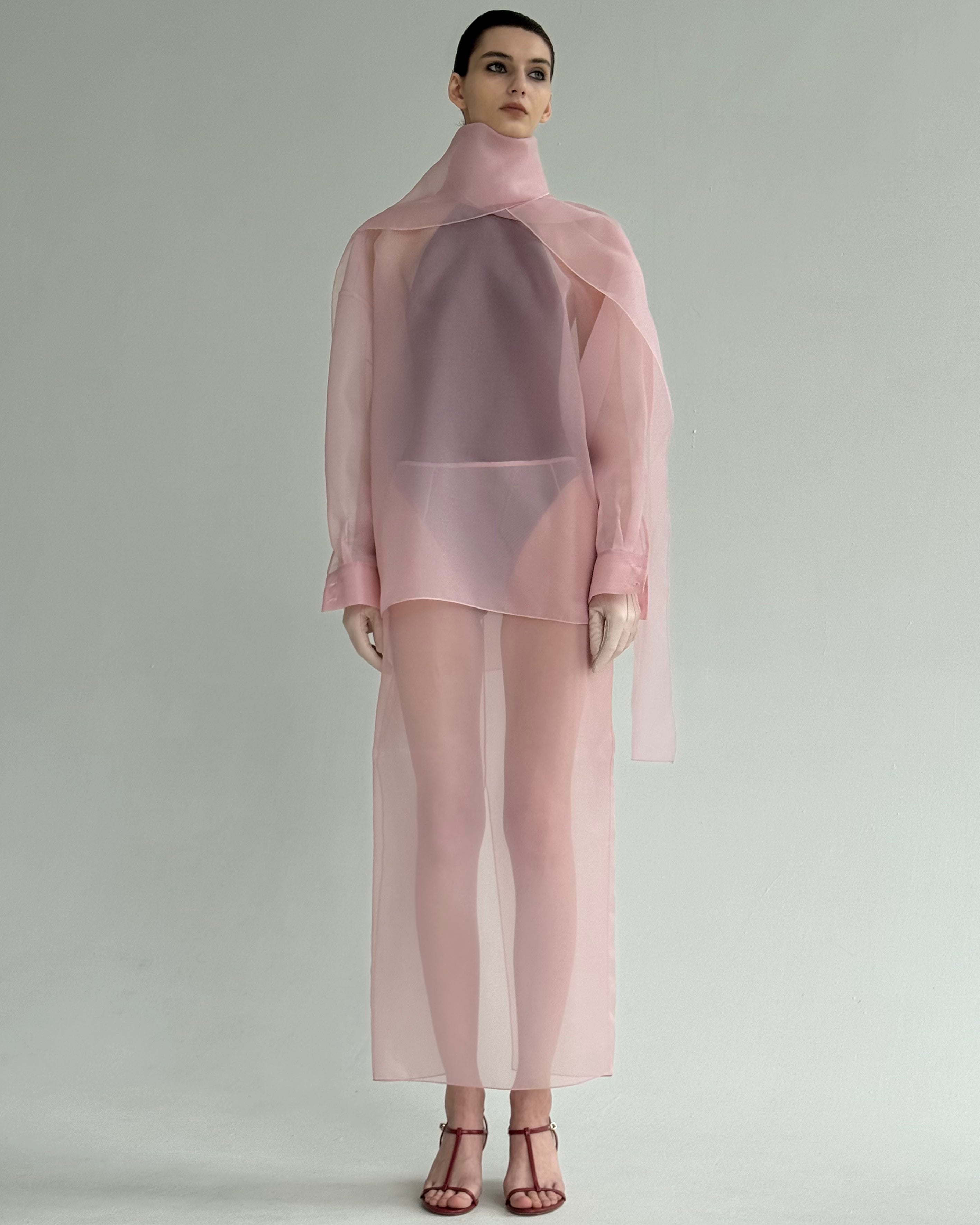 SEMI-SHEER PINK SCARF BLOUSE