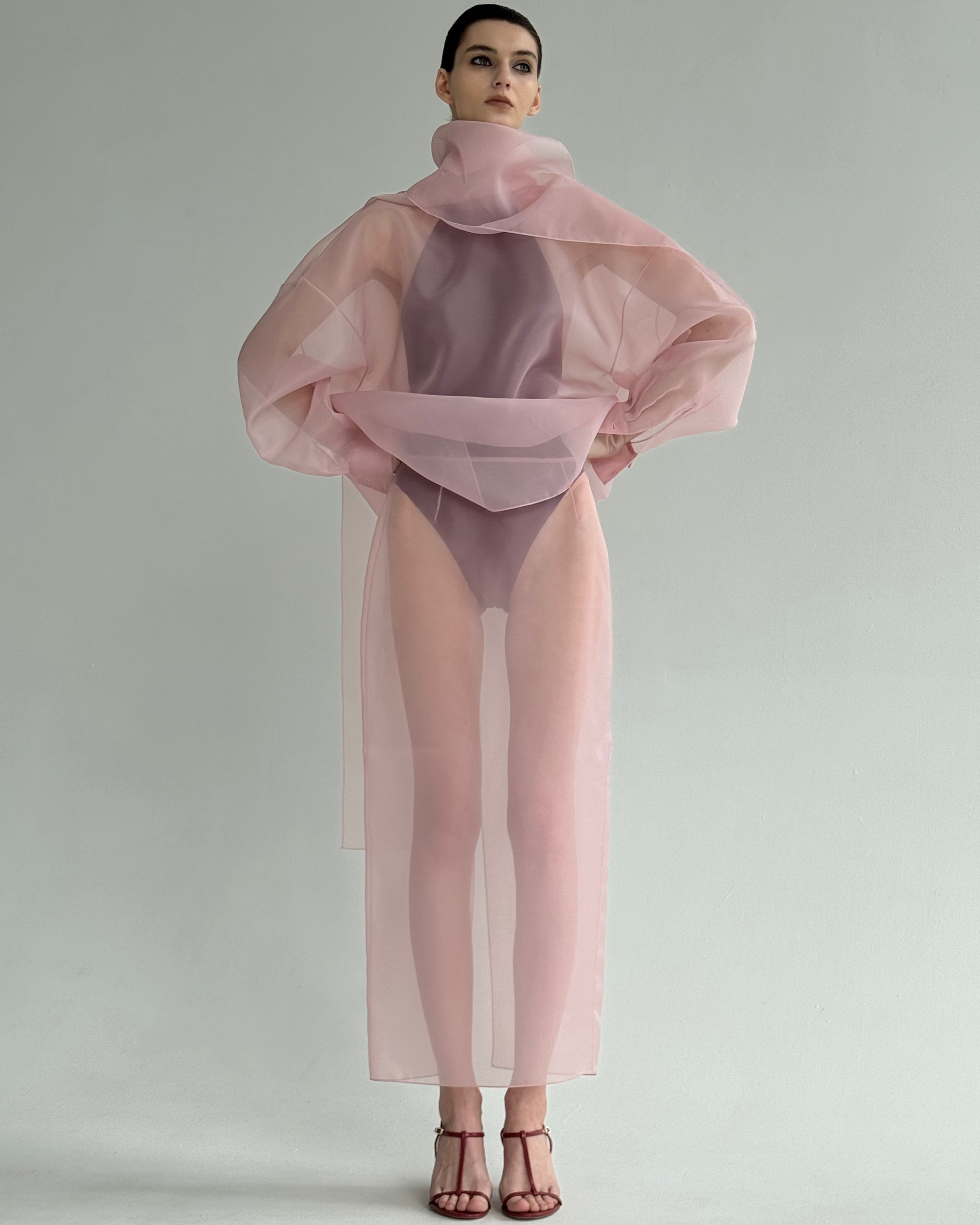 SEMI-SHEER PINK SCARF BLOUSE