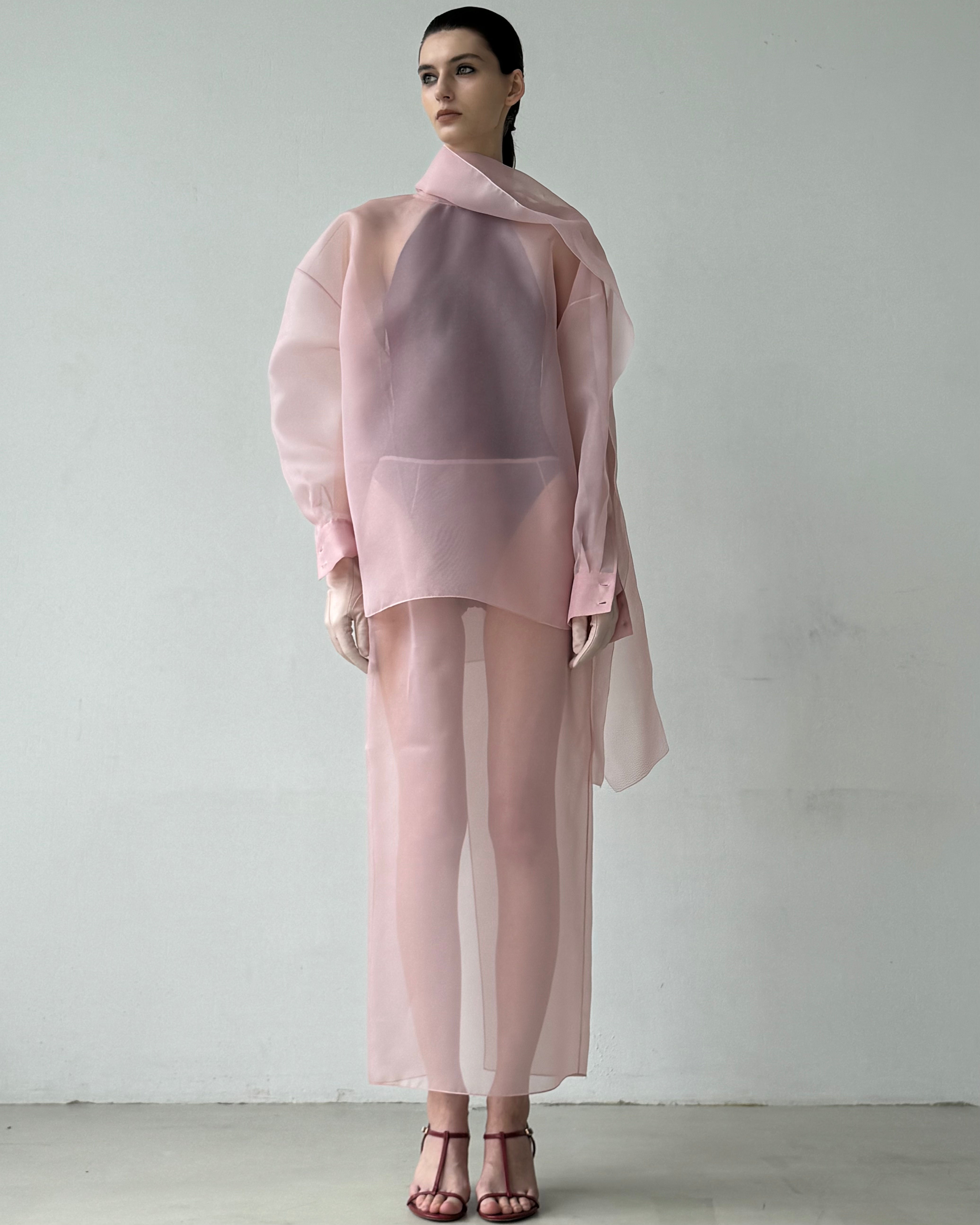 SEMI-SHEER PINK SCARF BLOUSE