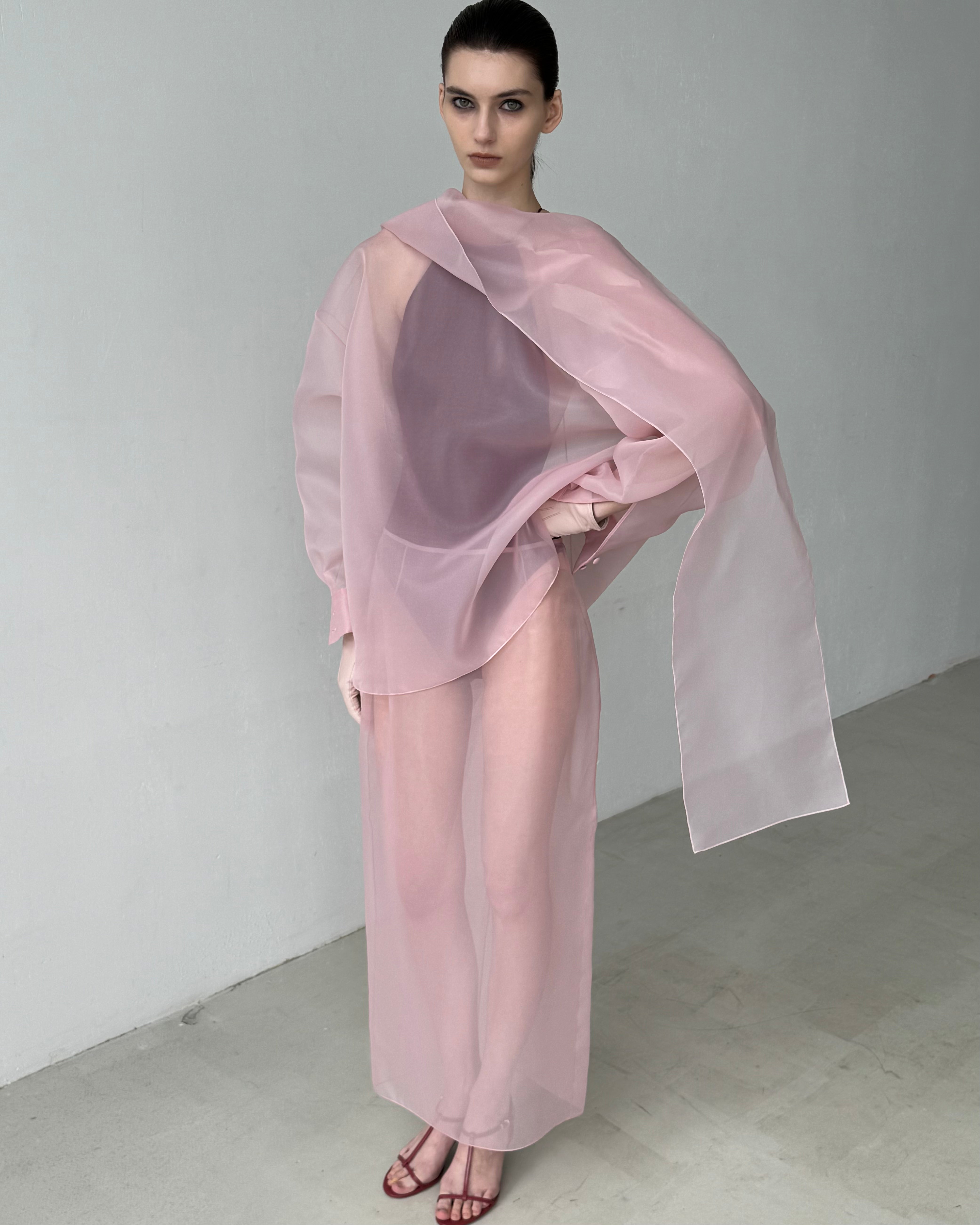 SEMI-SHEER PINK SCARF BLOUSE