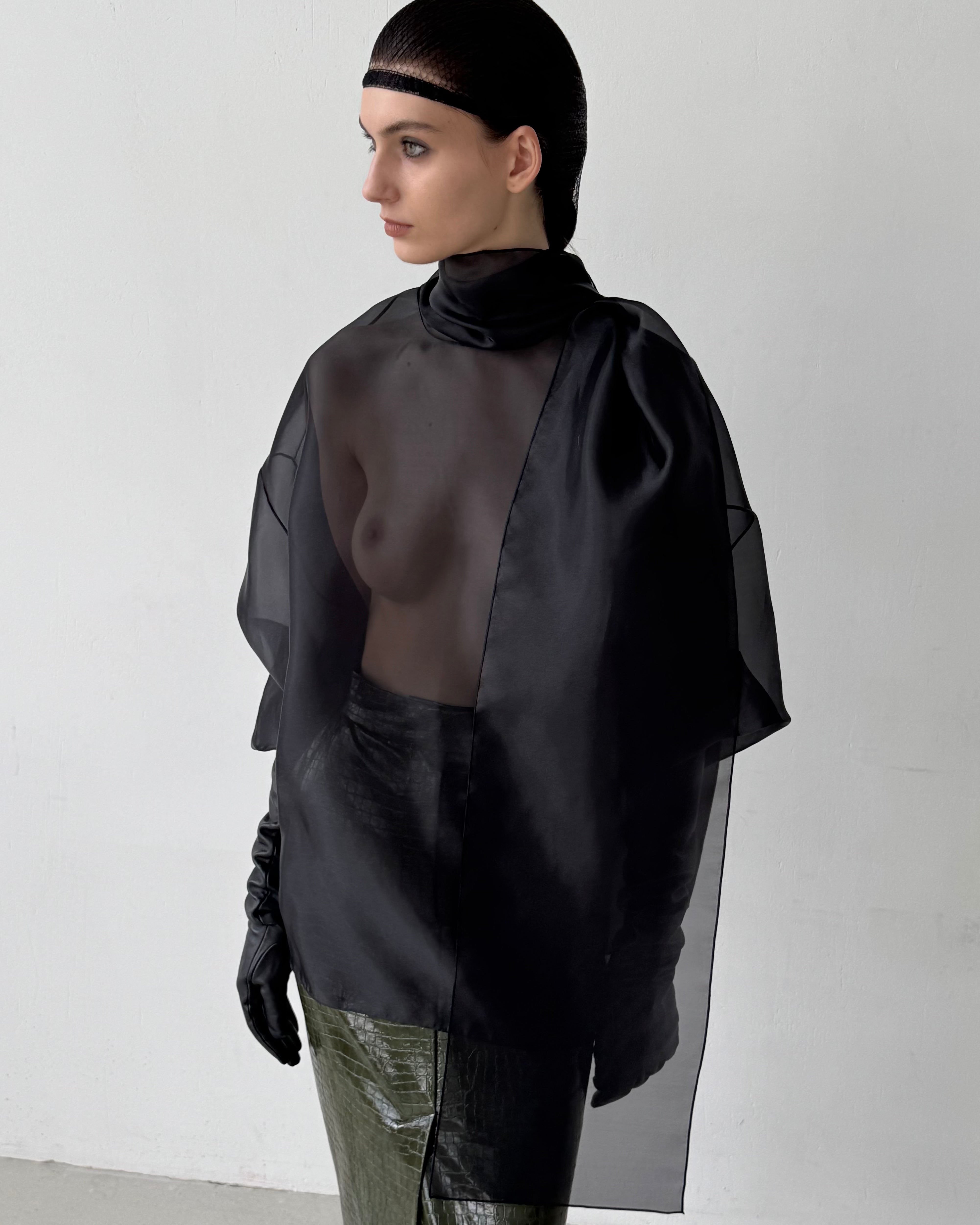 SEMI-SHEER BLACK SCARF BLOUSE