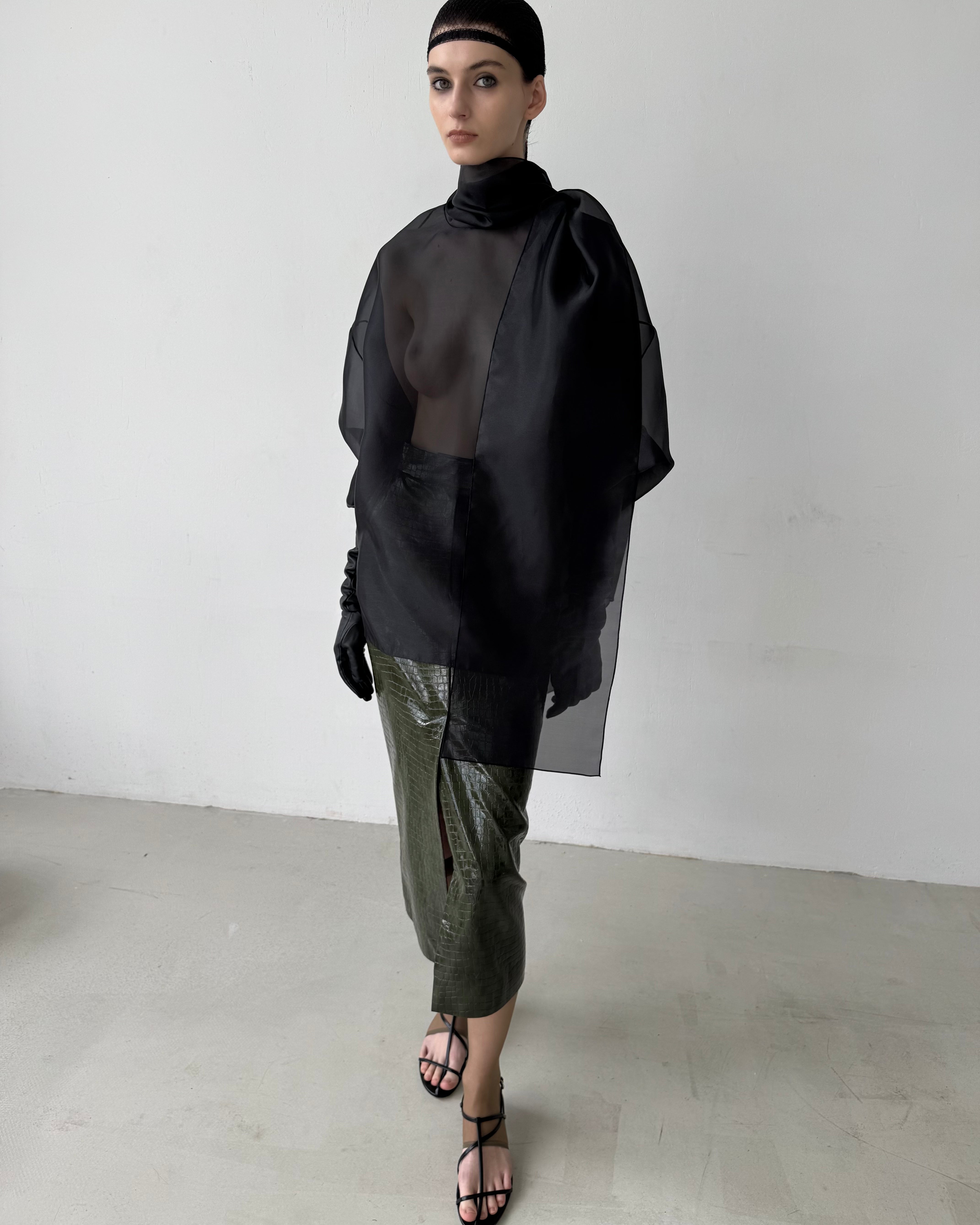 SEMI-SHEER BLACK SCARF BLOUSE