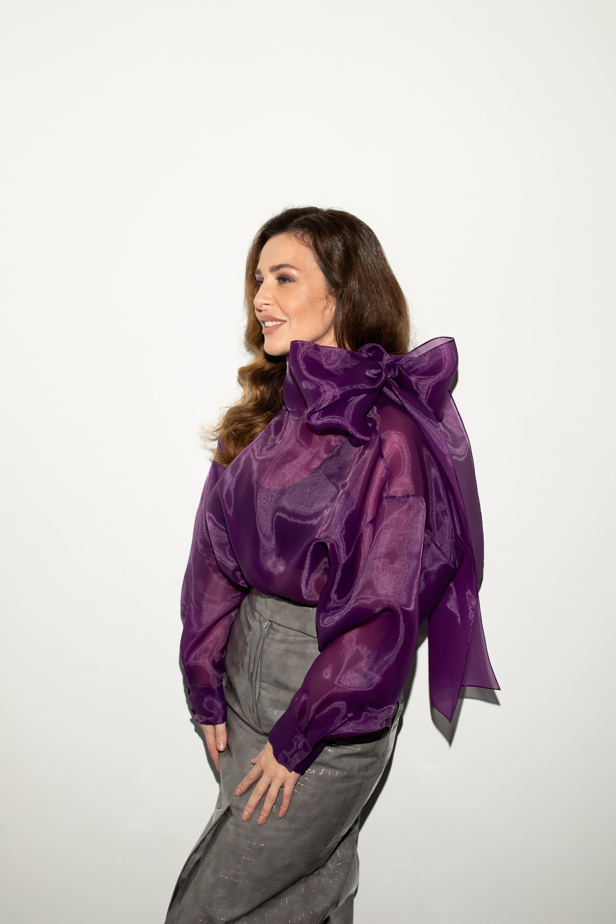 SEMI-SHEER PURPLE SCARF BLOUSE