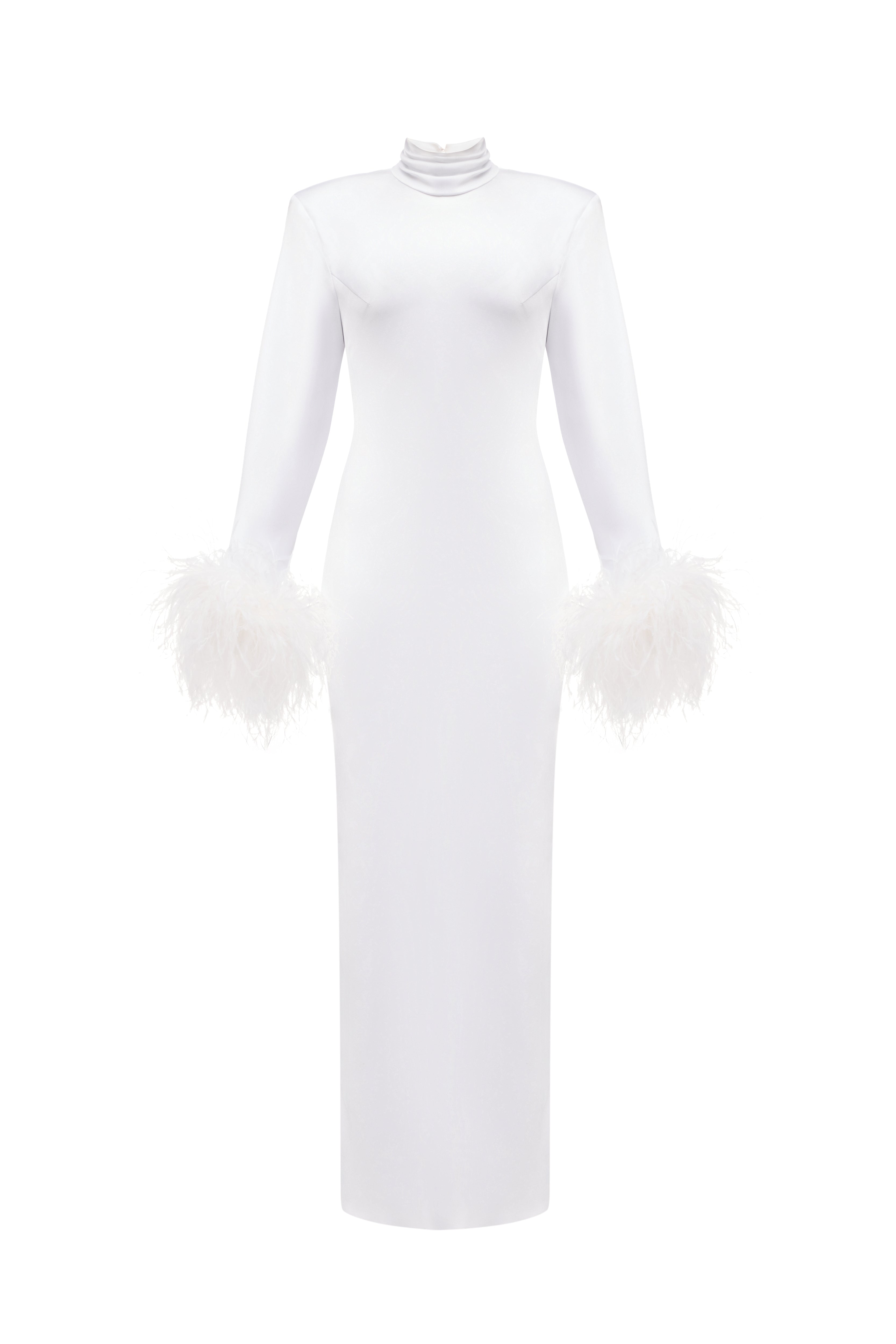 Gisele White Dress by J'amemme — handmade bridal maxi gown with ostrich feather cuffs, long sleeves, and high neckline in white polyester-viscose blend