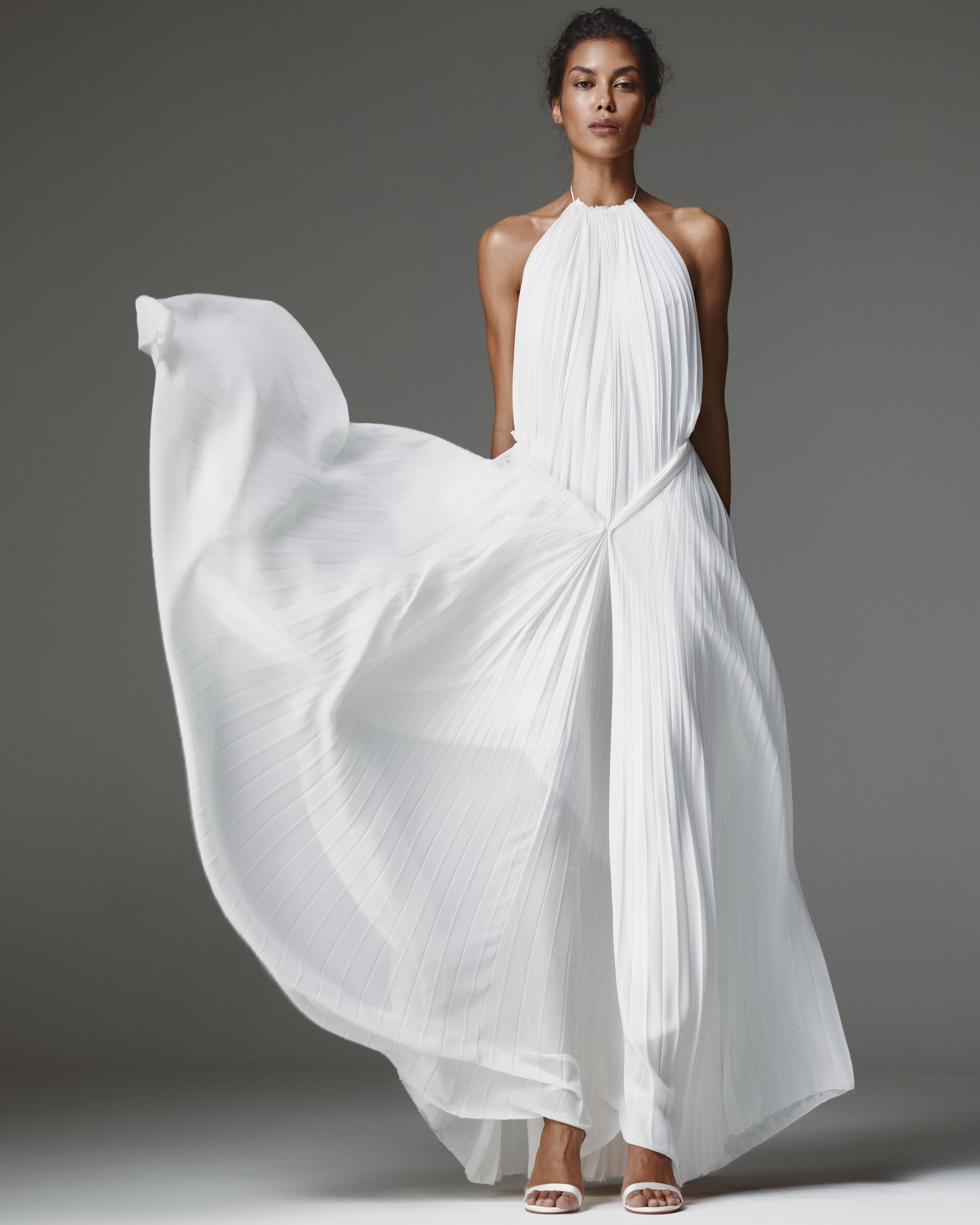 Amelia Pleated Dress by J'amemme - white halter pleated chiffon gown, front view