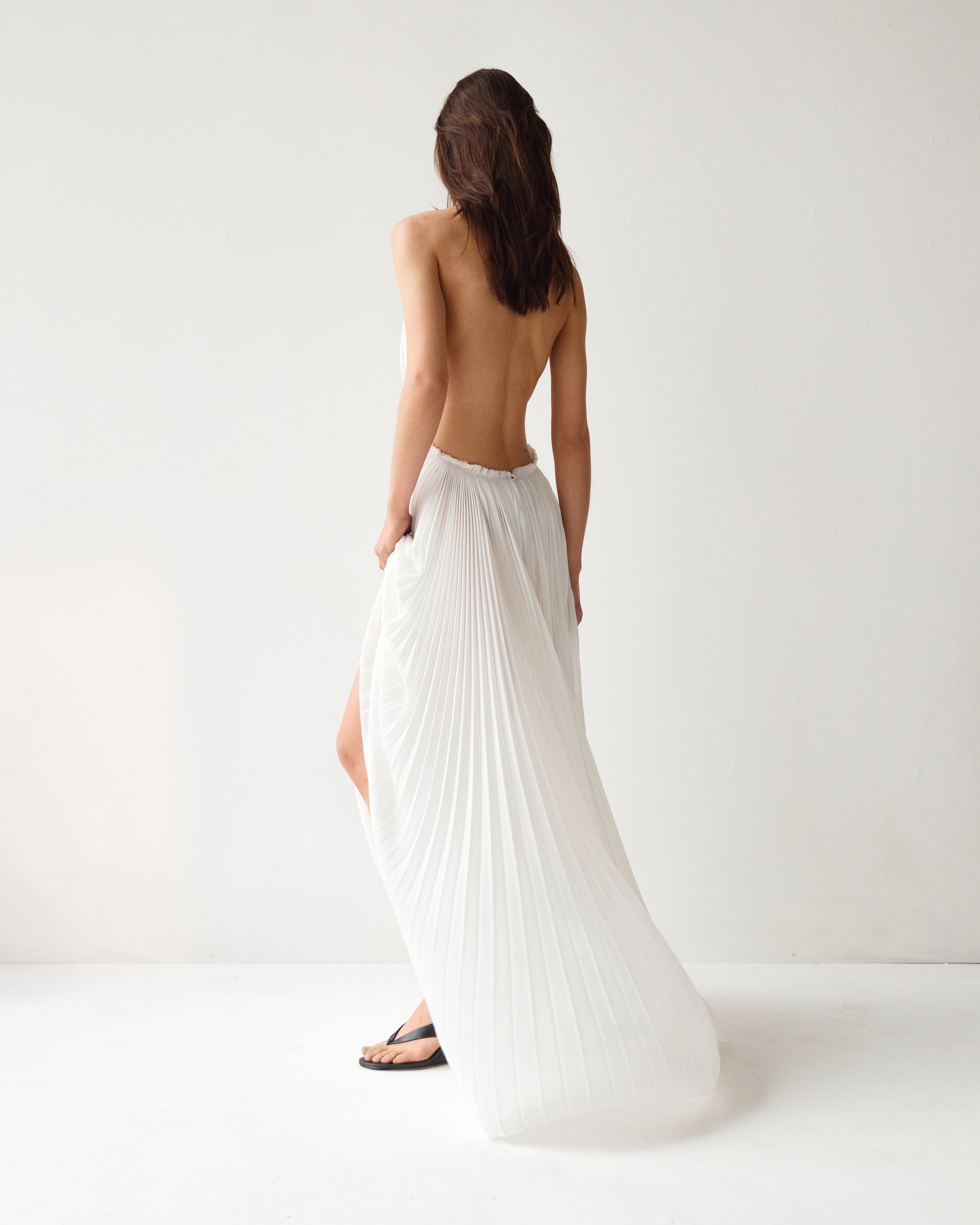 Amelia Pleated Dress by J'amemme - white pleated chiffon gown, full skirt detail