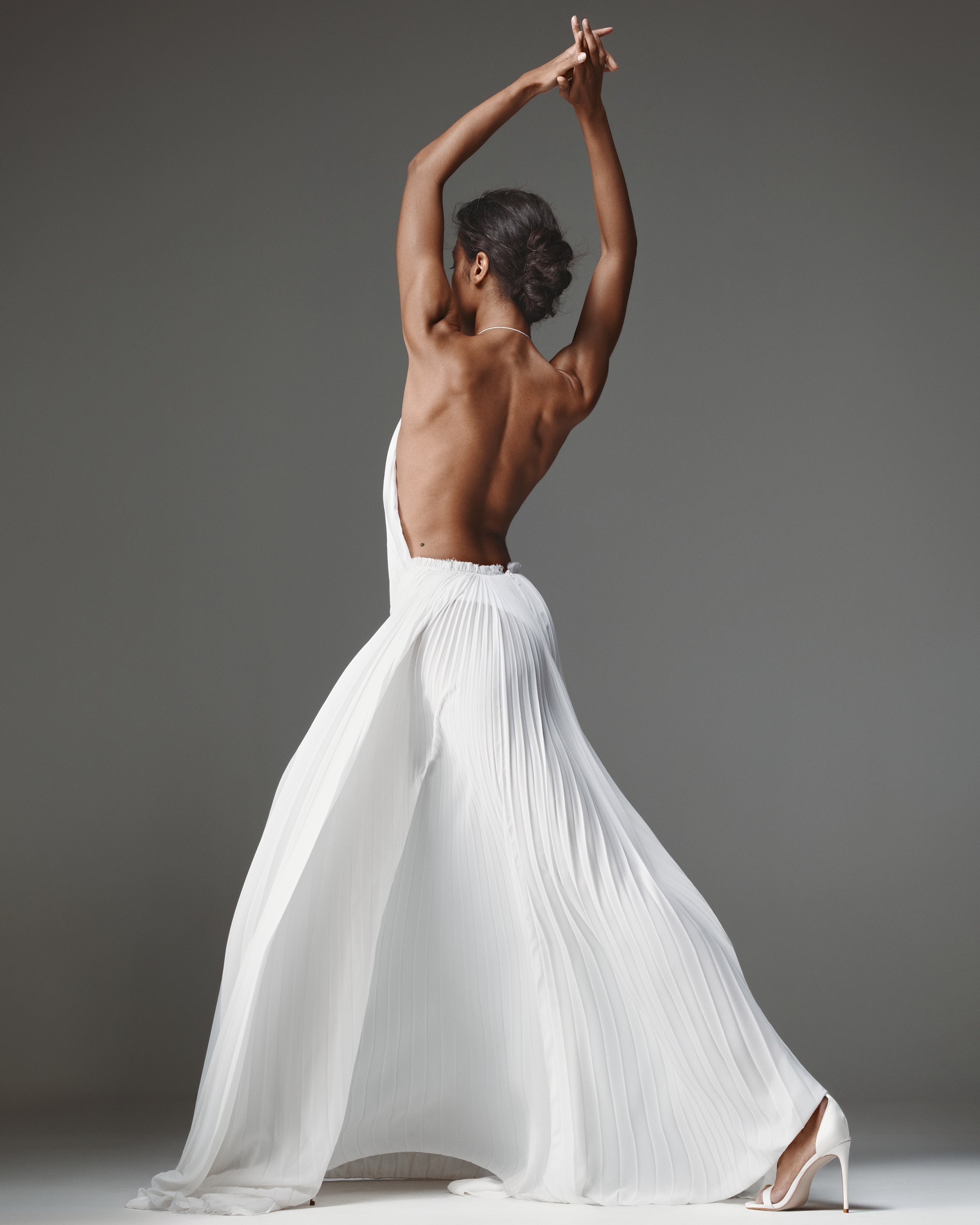 Amelia Pleated Dress by J'amemme - white pleated chiffon gown, knotted waist