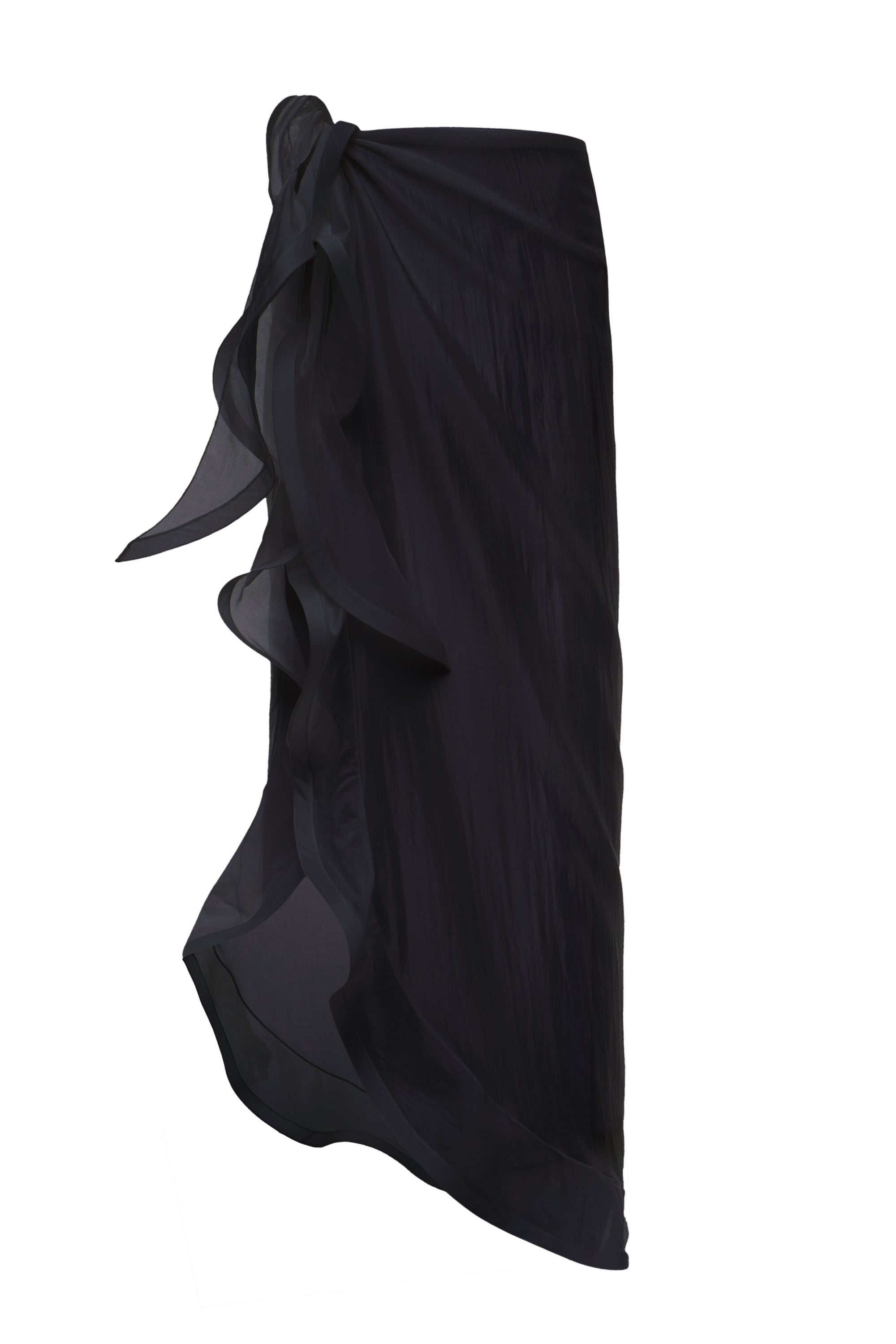 Black semi-sheer cotton muslin pareo with a scalloped wave edge, ties as a sarong — J'AMEMME Amphitrite, Resort '27