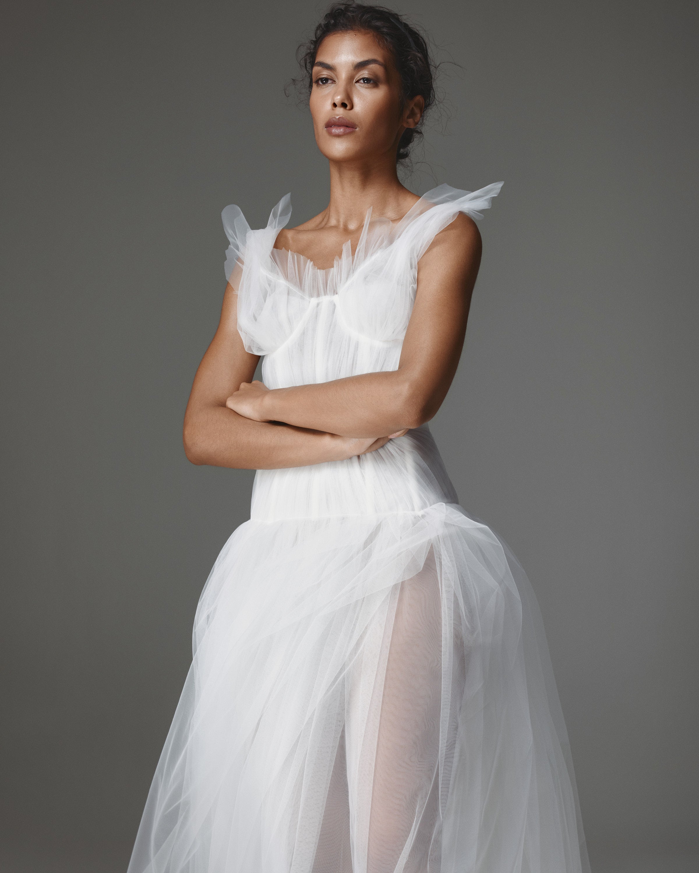 Bellini Corset Dress by J'amemme — close view of the tulle corset bodice with ruffle straps and gathered neckline