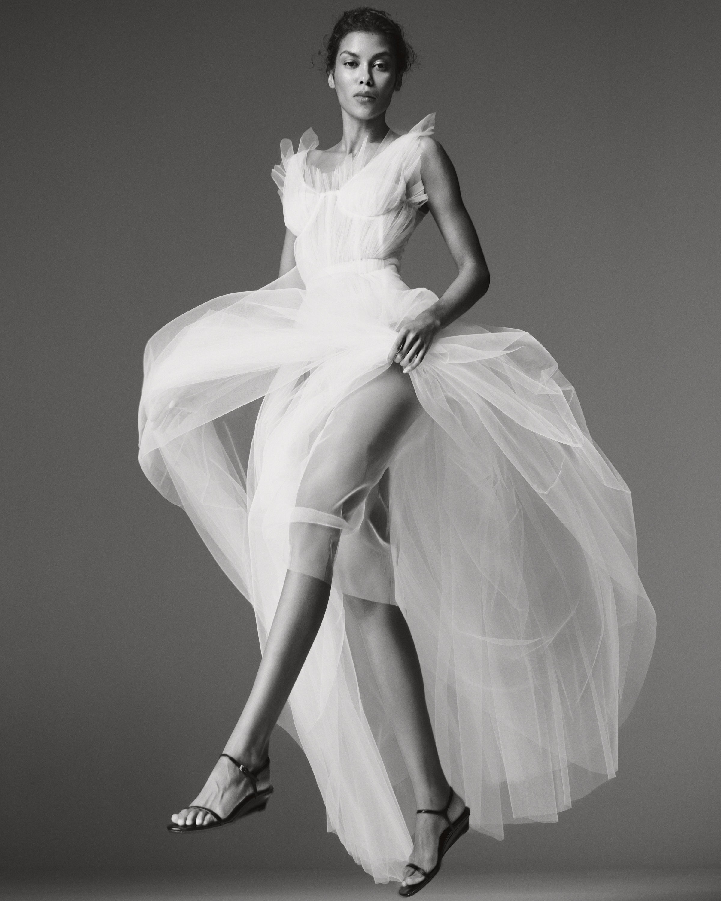 Bellini Corset Dress by J'amemme — front view, sheer white tulle gown with corset bodice and full layered skirt