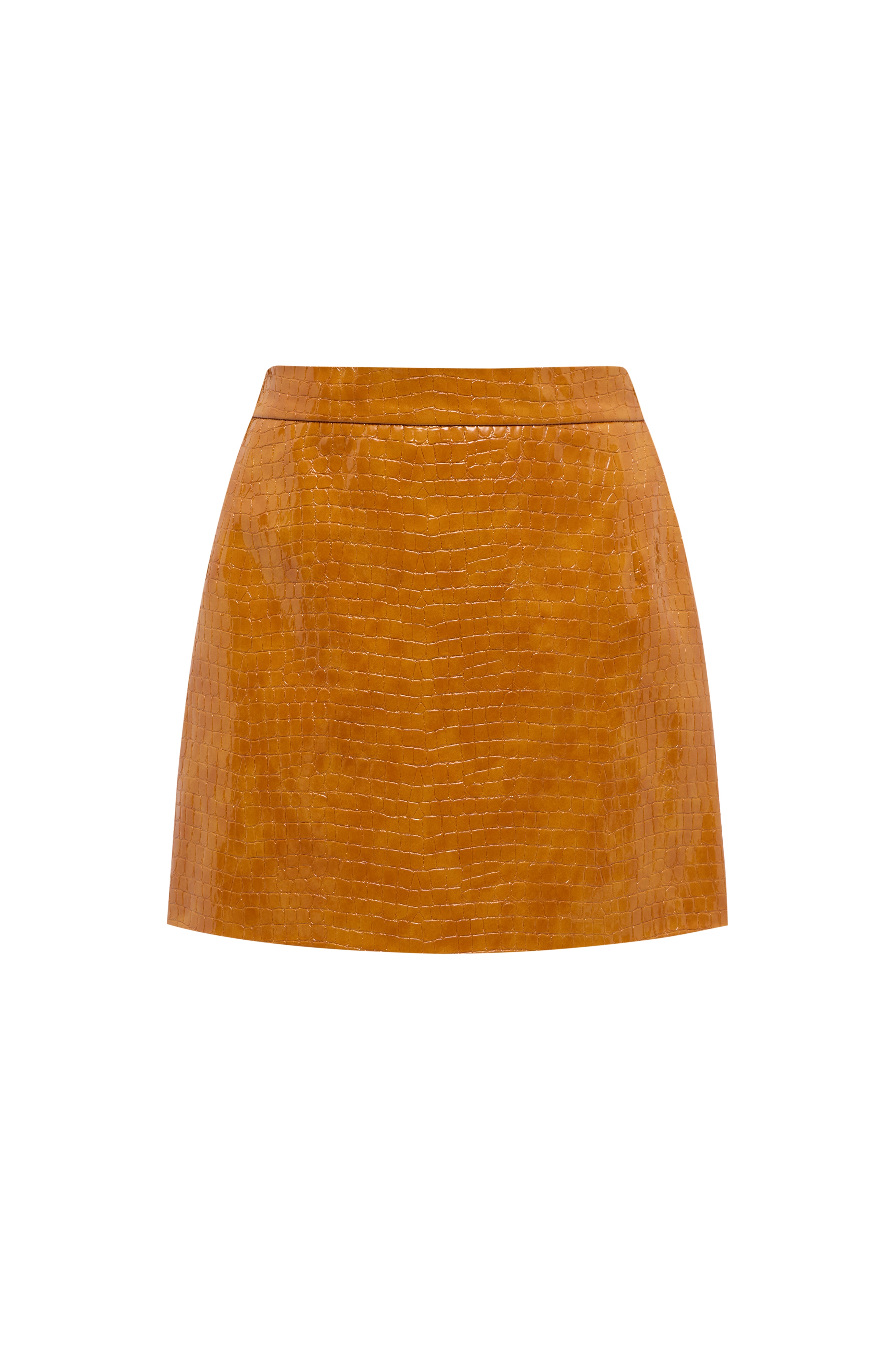 Jamemme Croco Ochre Mini Skirt - croco-embossed faux leather, high waist, warm ochre tone, Spring-Summer 2026