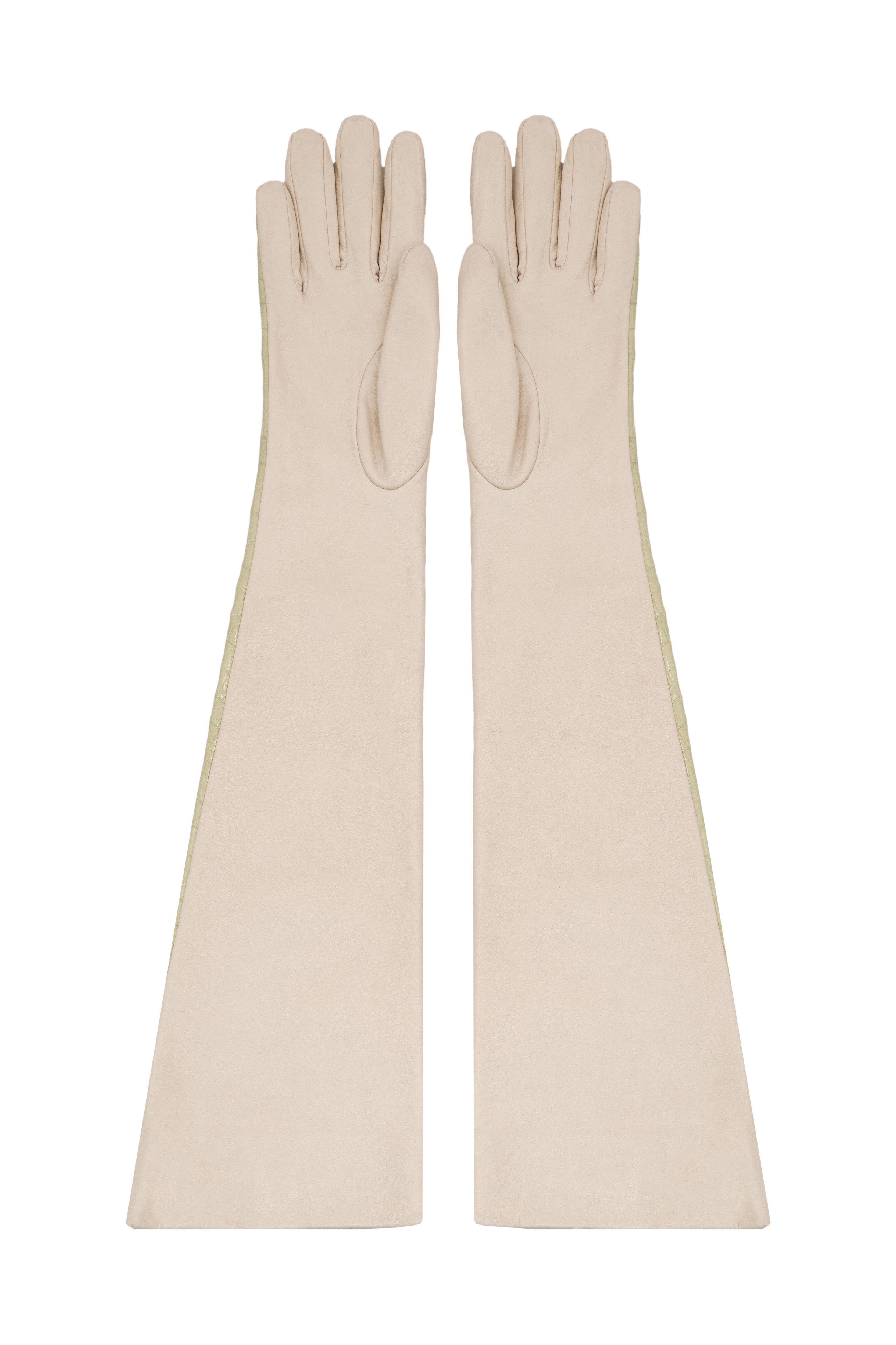 CROCO OLIVE GLOVES by Jamemme - genuine leather inner lining detail, long olive gloves, SS26