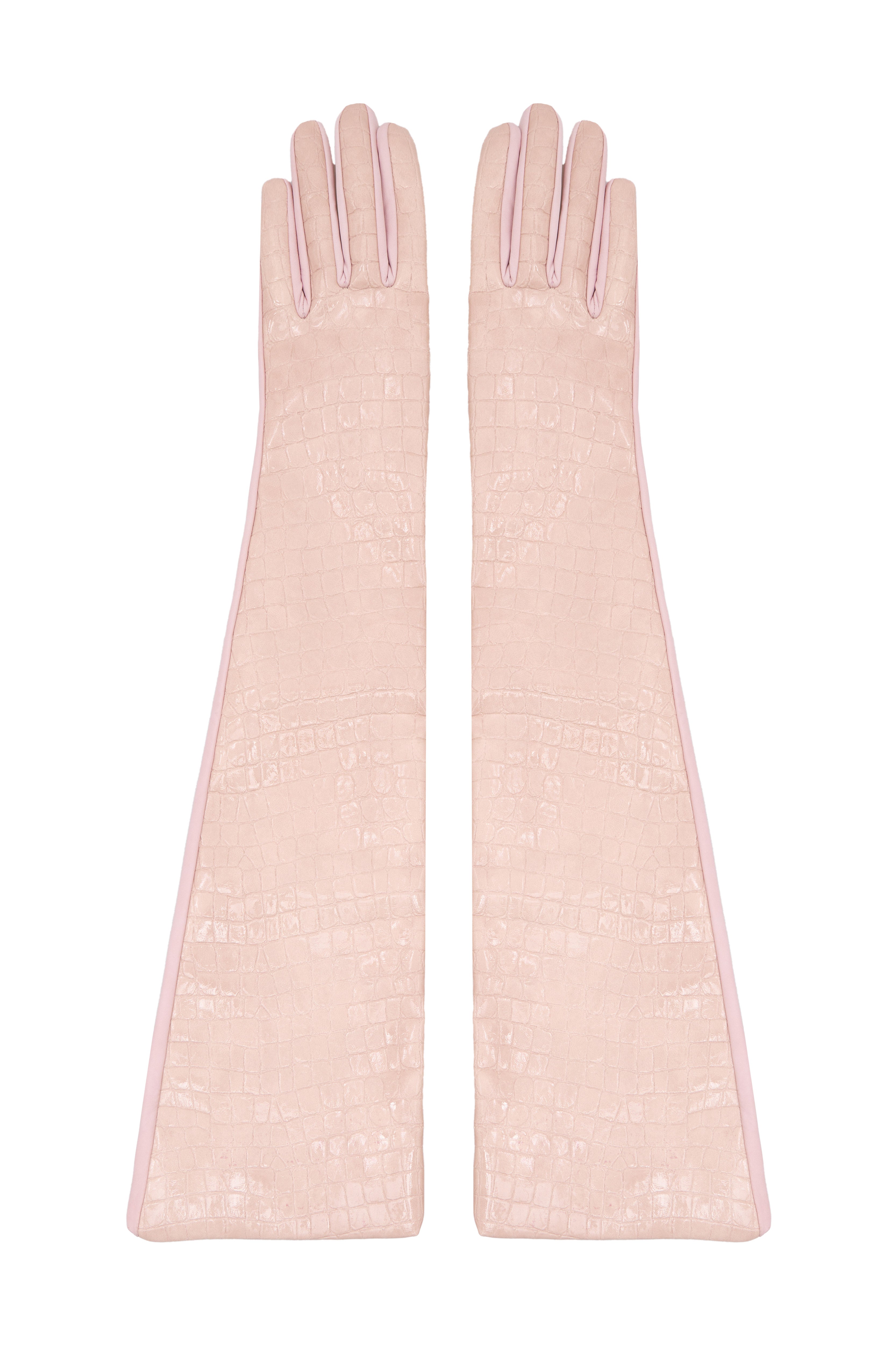 Jamemme Croco Pink Gloves - pair view, crocodile-embossed faux leather, handmade, Spring-Summer 2026