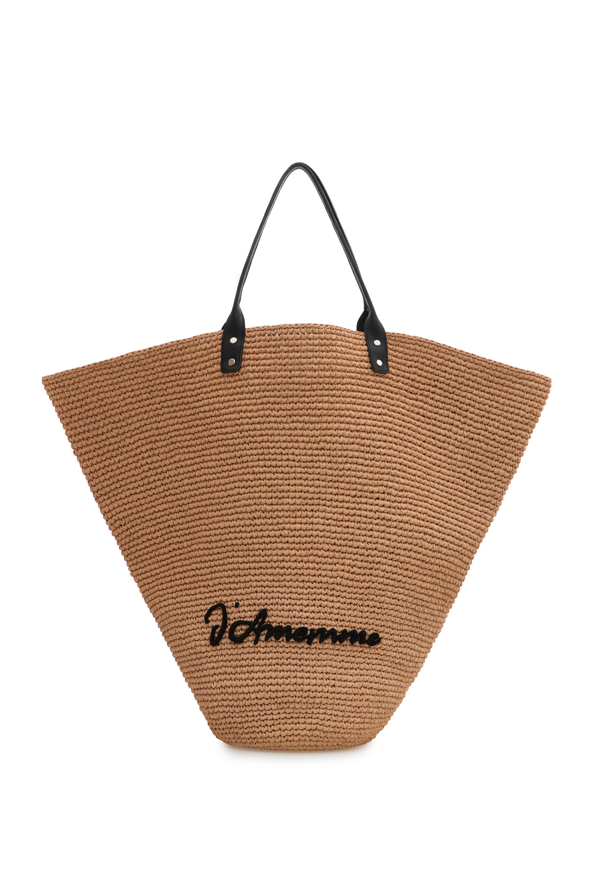 Beige hand-woven raffia tote bag with black leather handles and hand-embroidered J'amemme signature — Delos, Resort '27