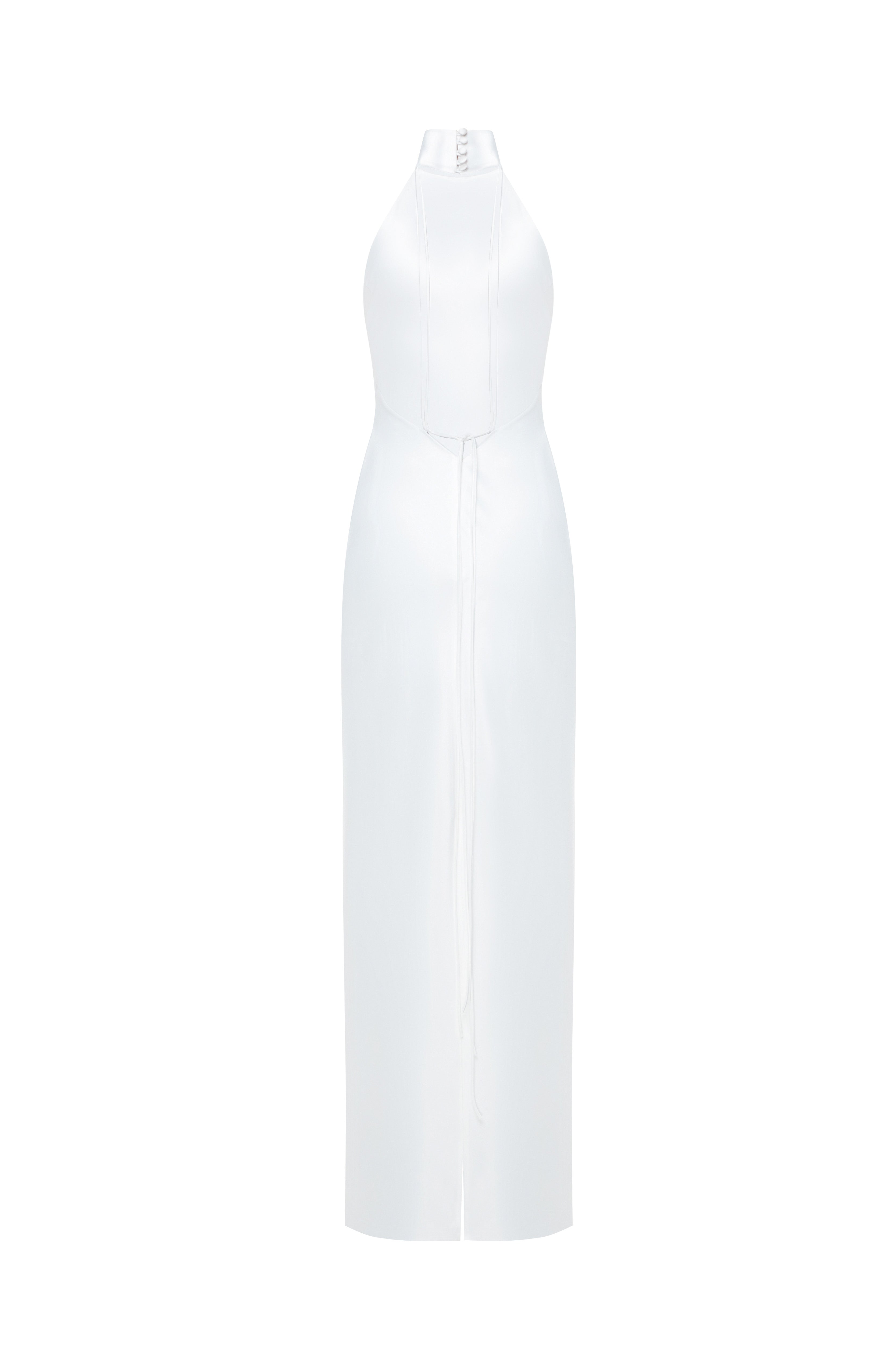 Devon Dress by J'amemme — back view showing dramatic open back and halter neckline, white floor-length bridal gown