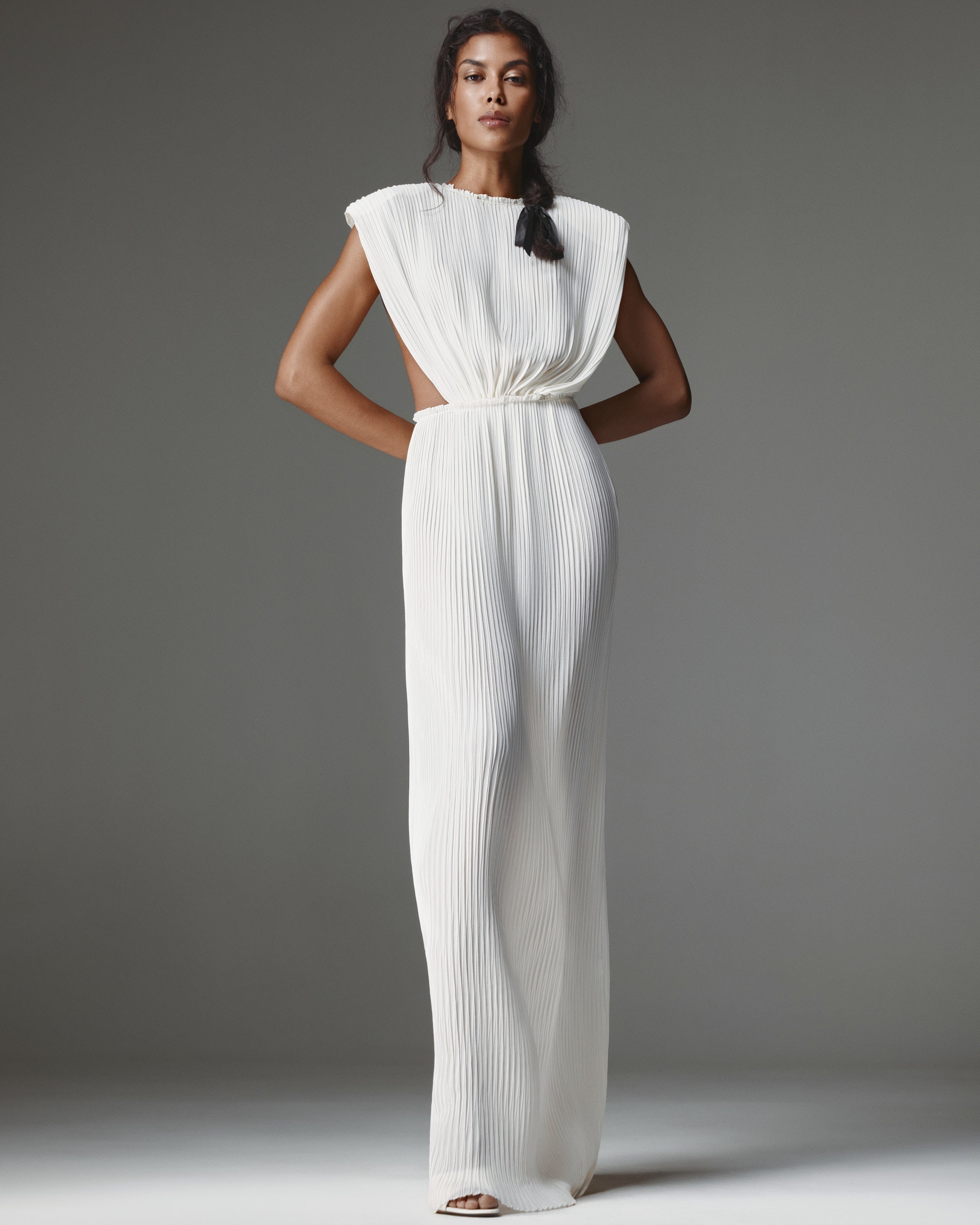 Greek Chiffon Dress by J'amemme - white pleated chiffon gown, structured shoulders