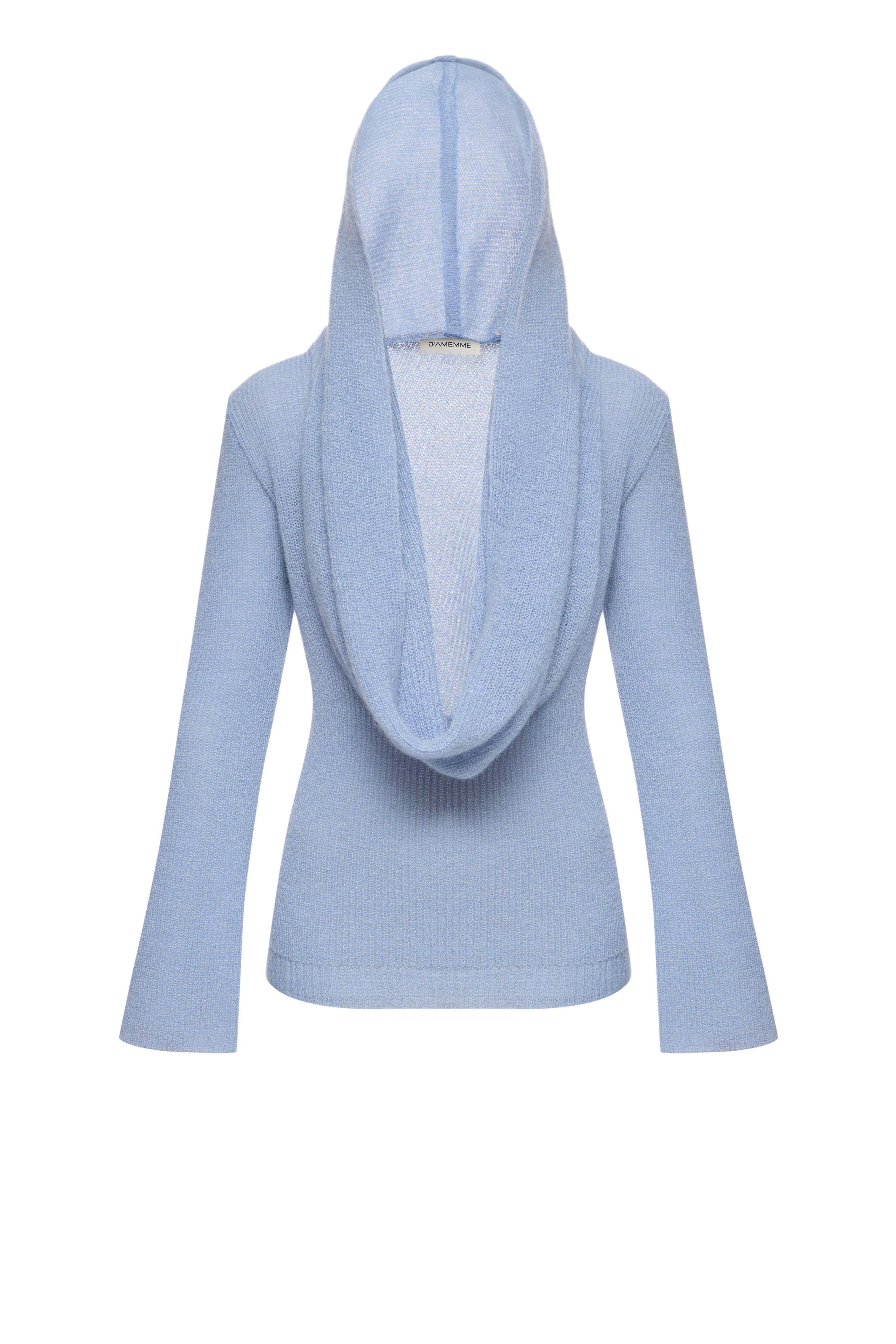 J'amemme Hooded Knit Jumper in light blue - back view with hood up, 70% wool 30% silk, Spring-Summer 2026 collection
