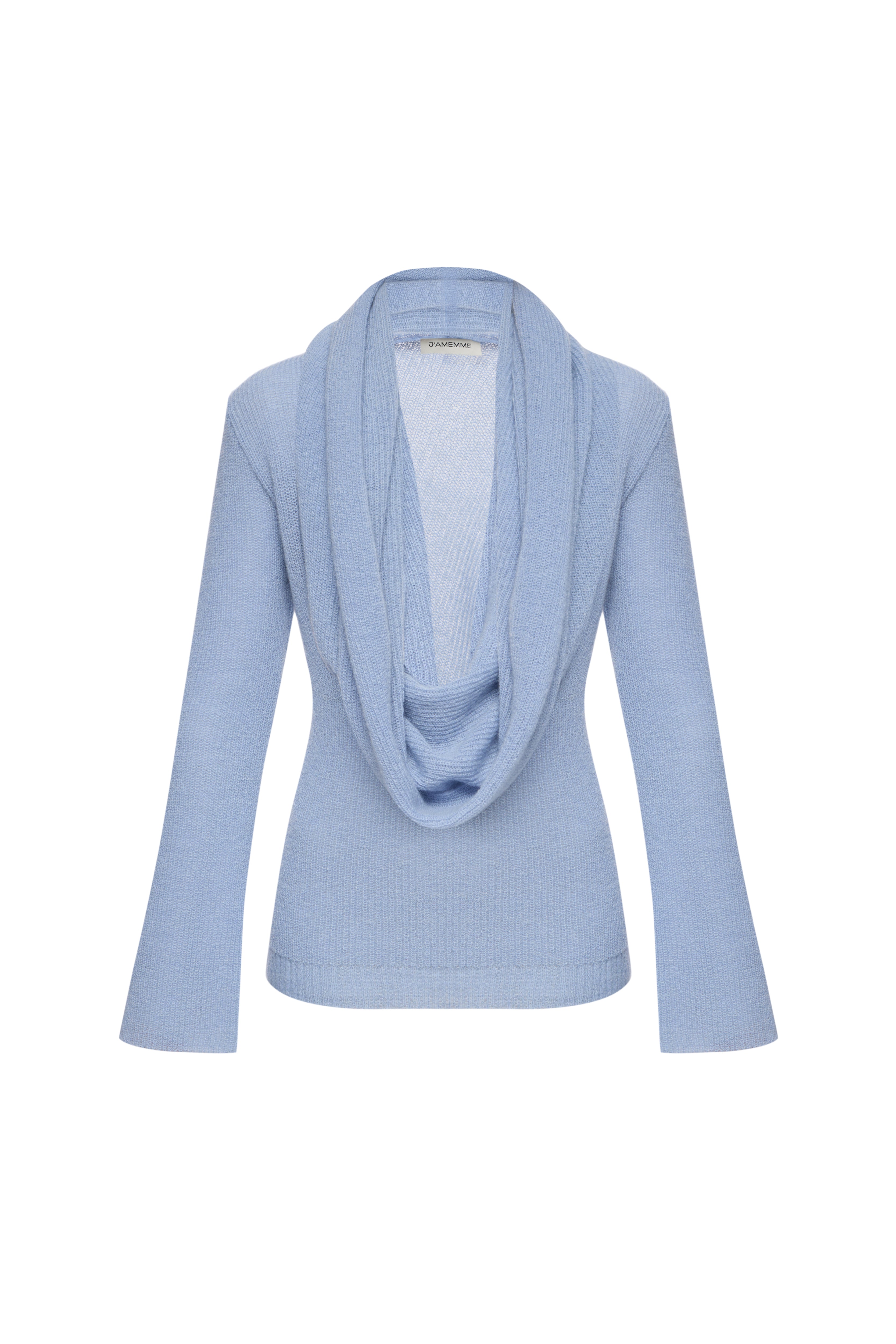 J'amemme Hooded Knit Jumper in light blue - front view, 70% wool 30% silk, Spring-Summer 2026 collection