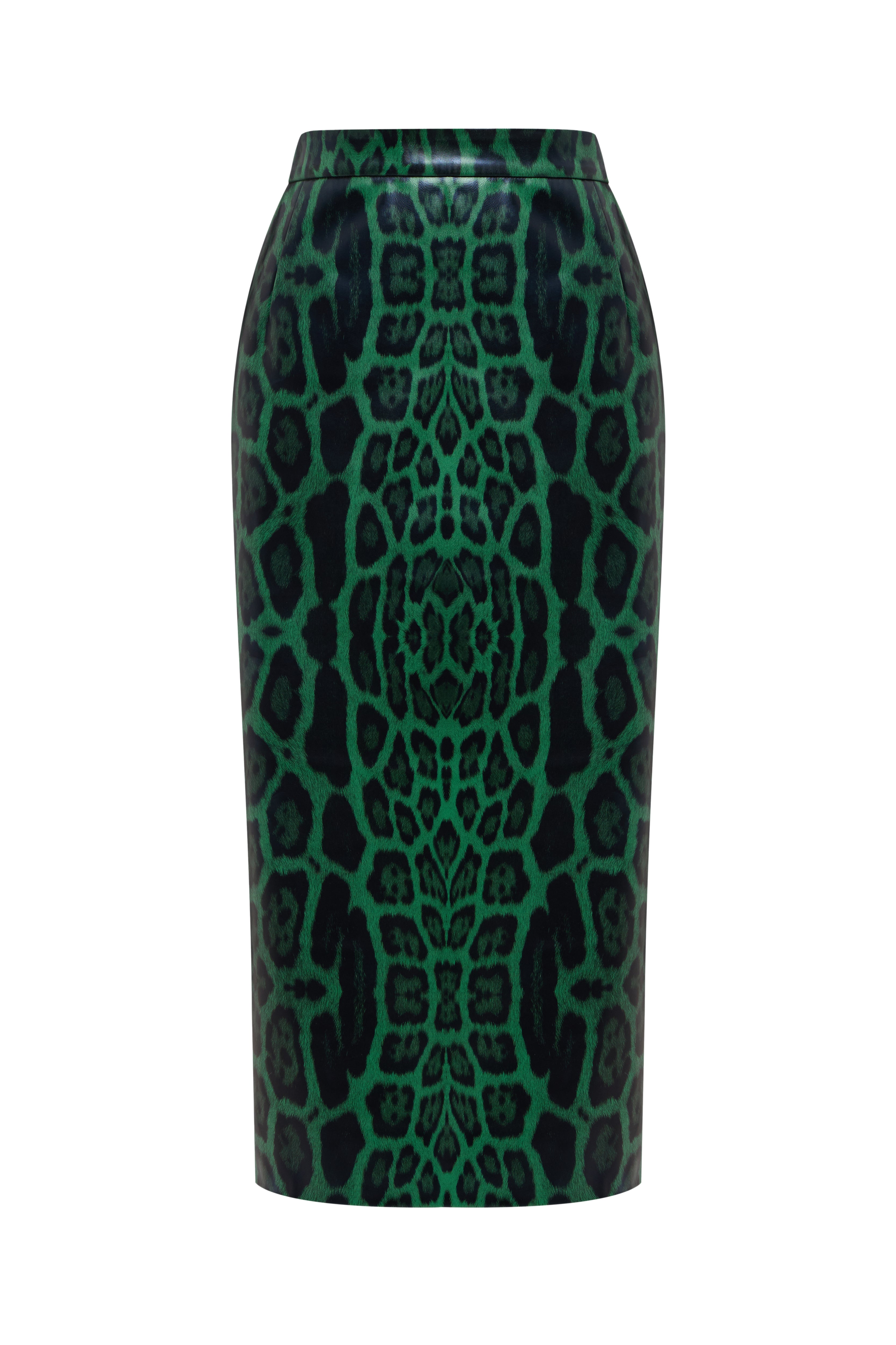 Jamemme Leo Green Midi Skirt - faux leather with leo print, midi length, vivid green, Spring-Summer 2026