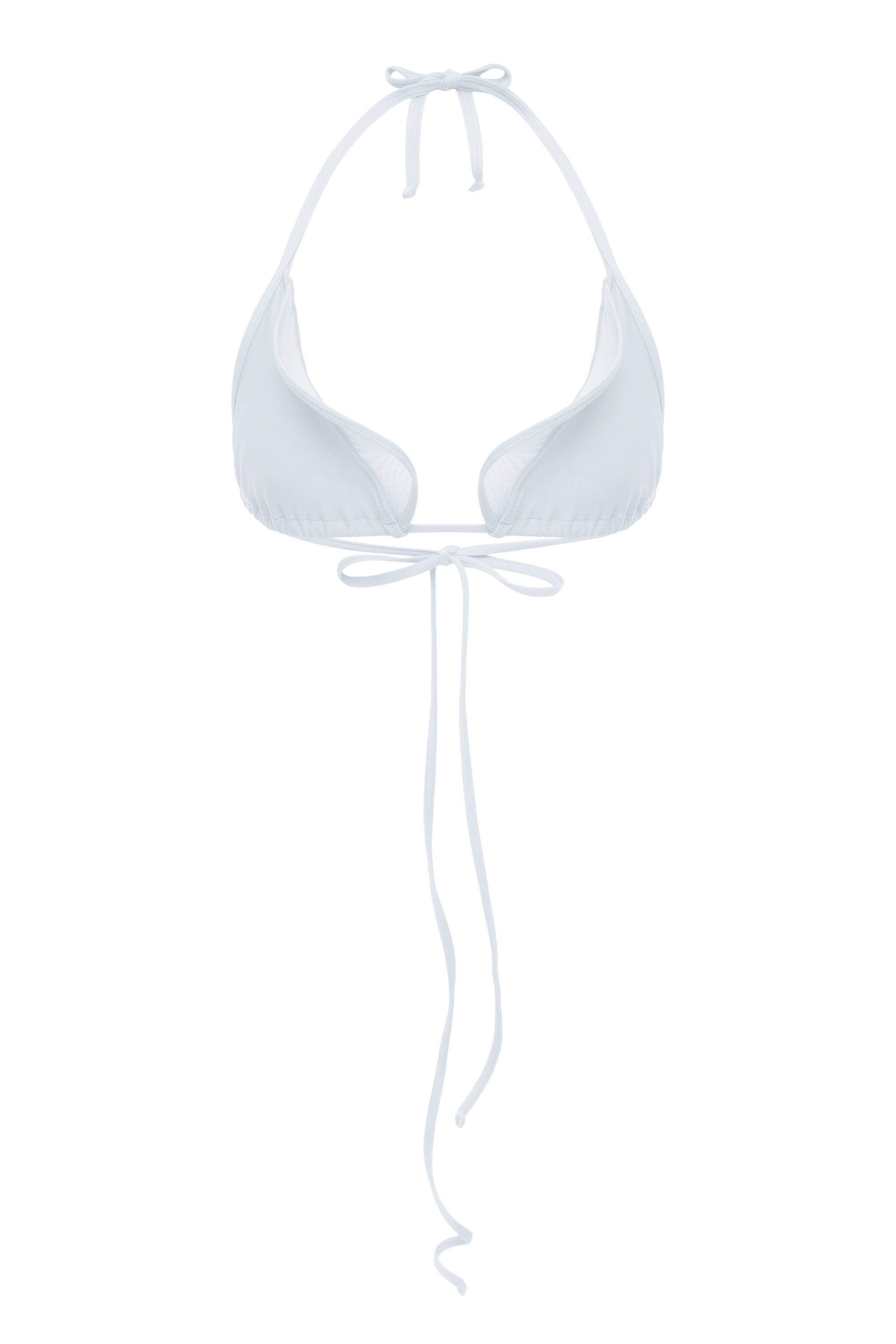White triangle bikini top with adjustable ties and a sculpted wave inset, Italian Carvico jersey — J'AMEMME Ligeia, Resort '27