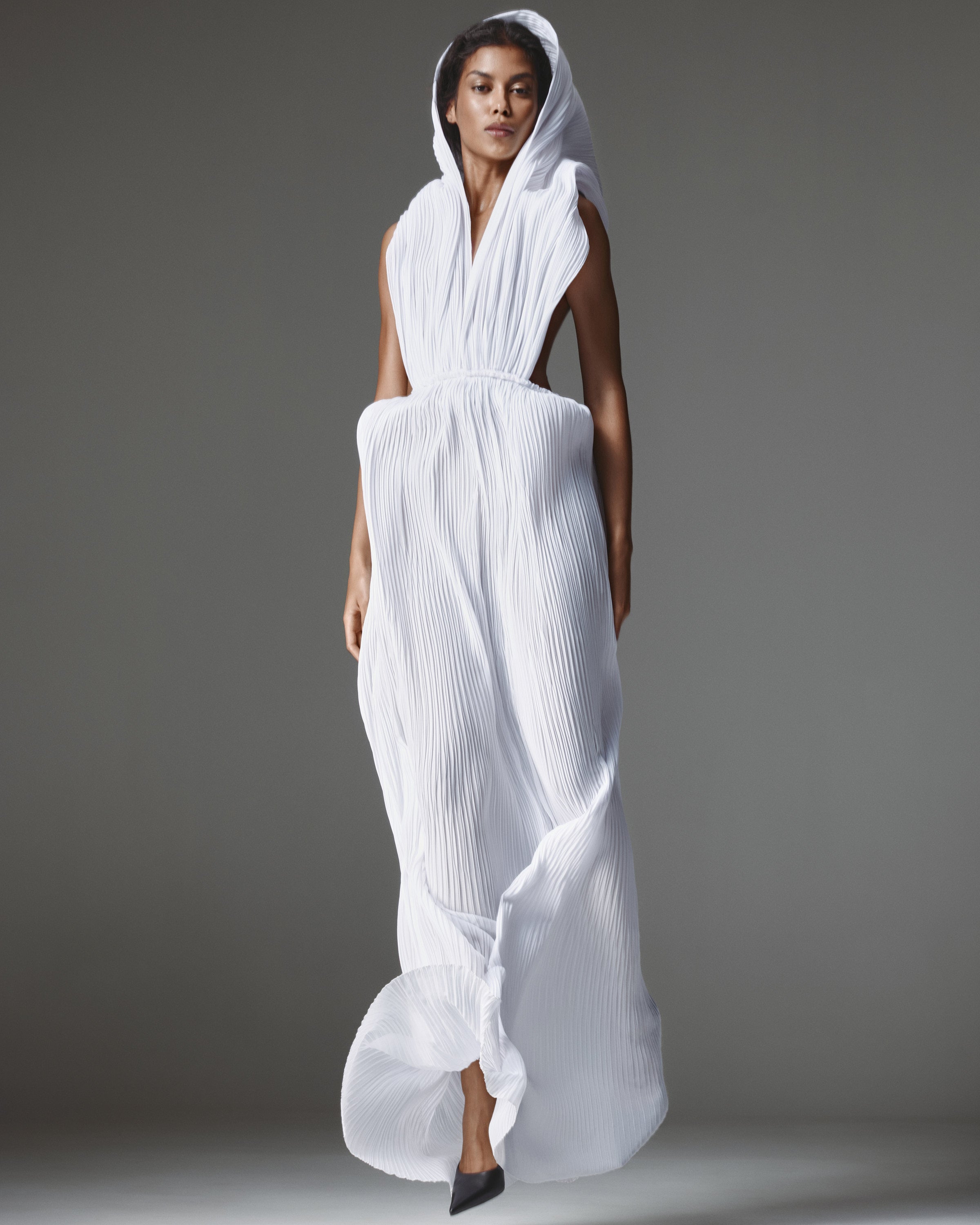 Liona Chiffon Dress by J'amemme - white pleated chiffon gown, fishtail hem