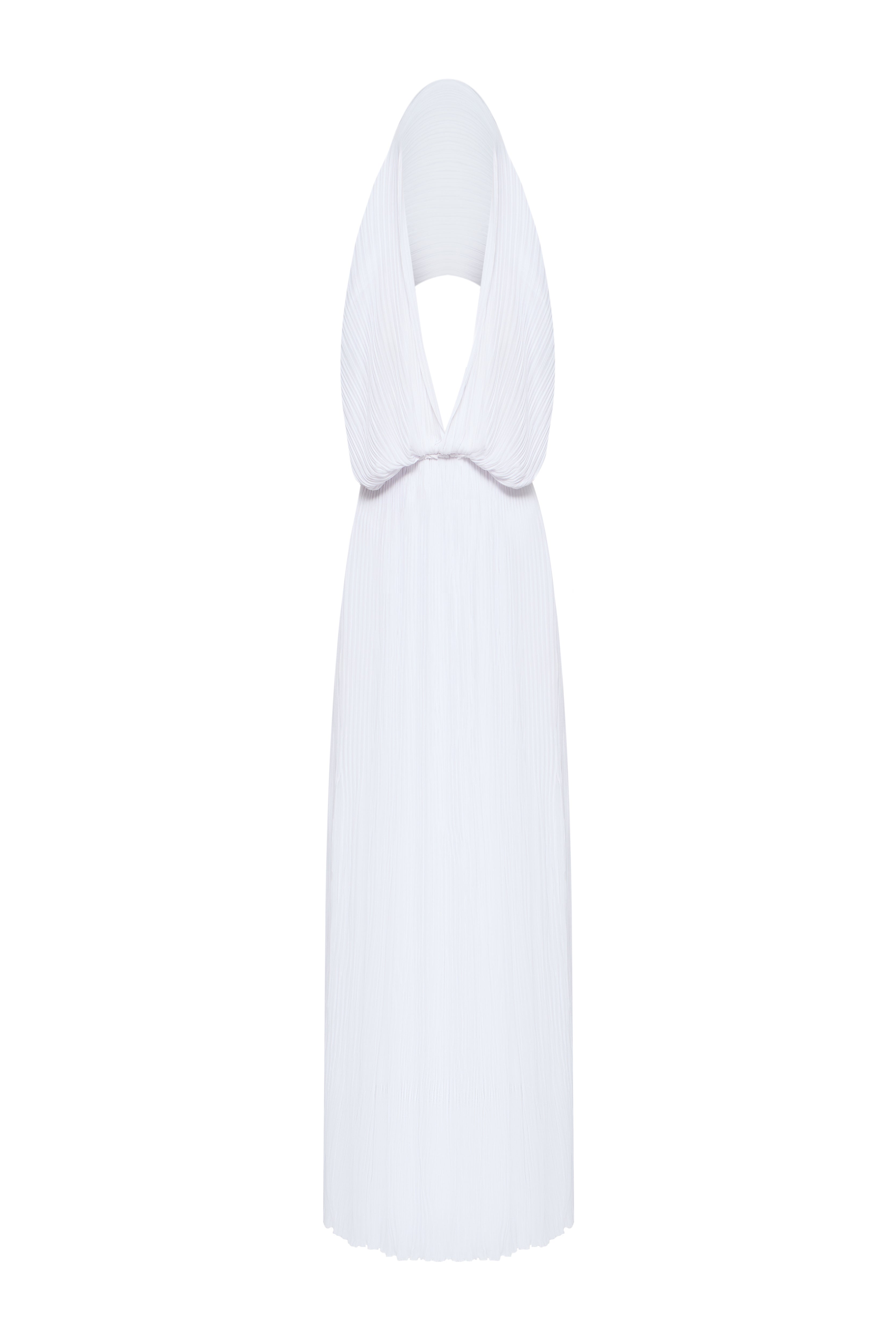 Liona Chiffon Dress by J'amemme - front view, hooded sleeveless pleated chiffon gown
