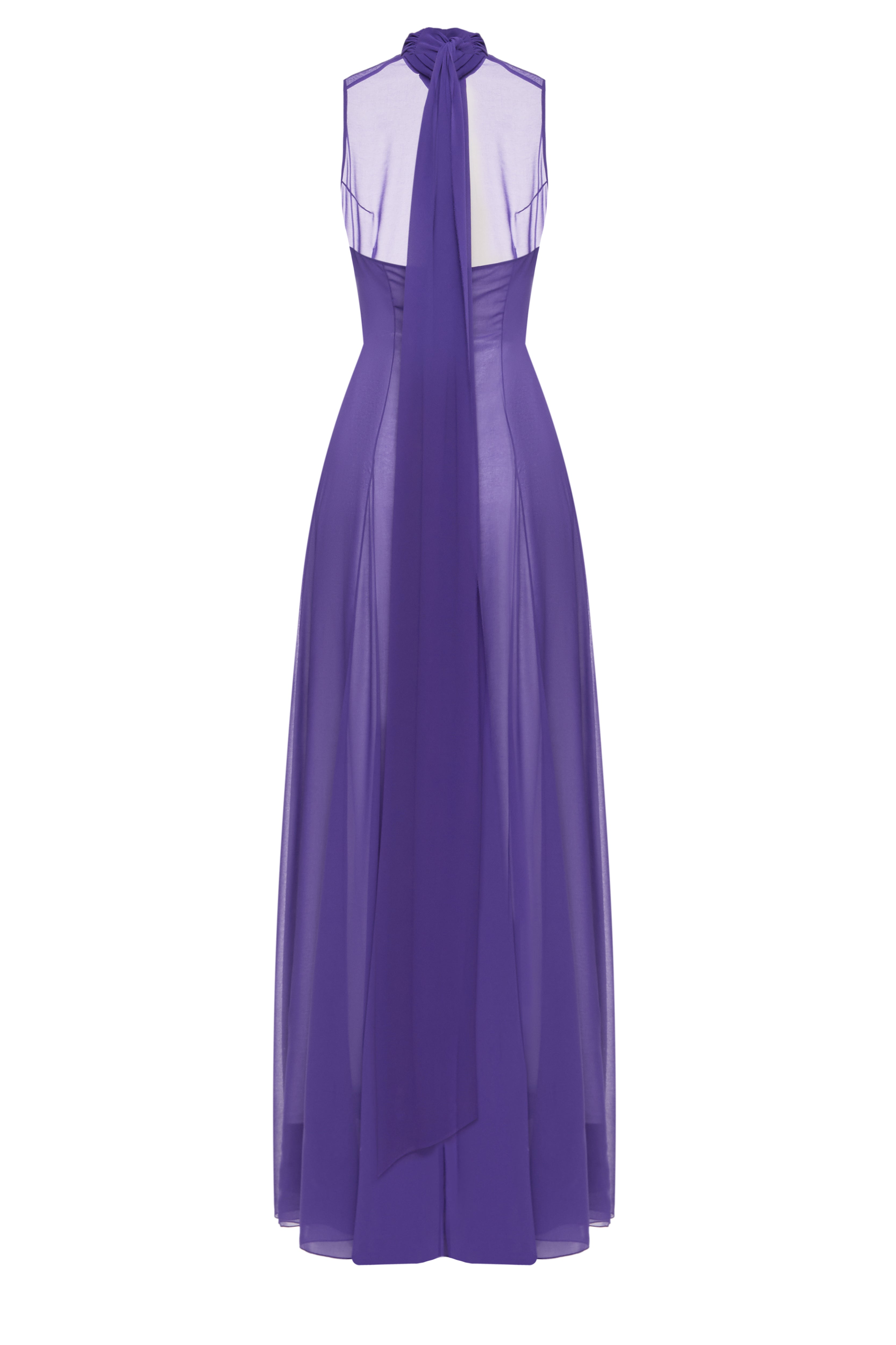 Mia Chiffon Dress Purple - back view with open back and draped scarf, Jamemme SS26