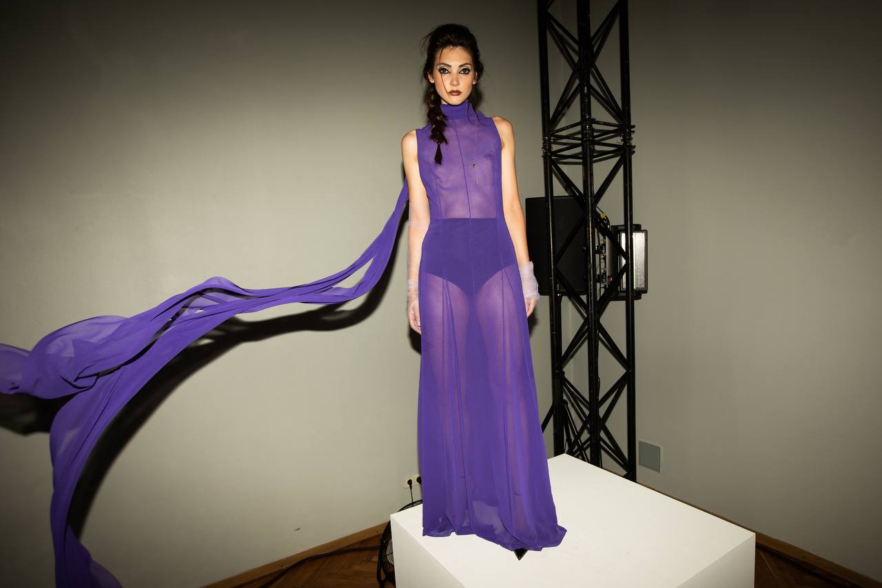 Mia Chiffon Dress Purple - editorial shoot with flowing scarf, Jamemme SS26