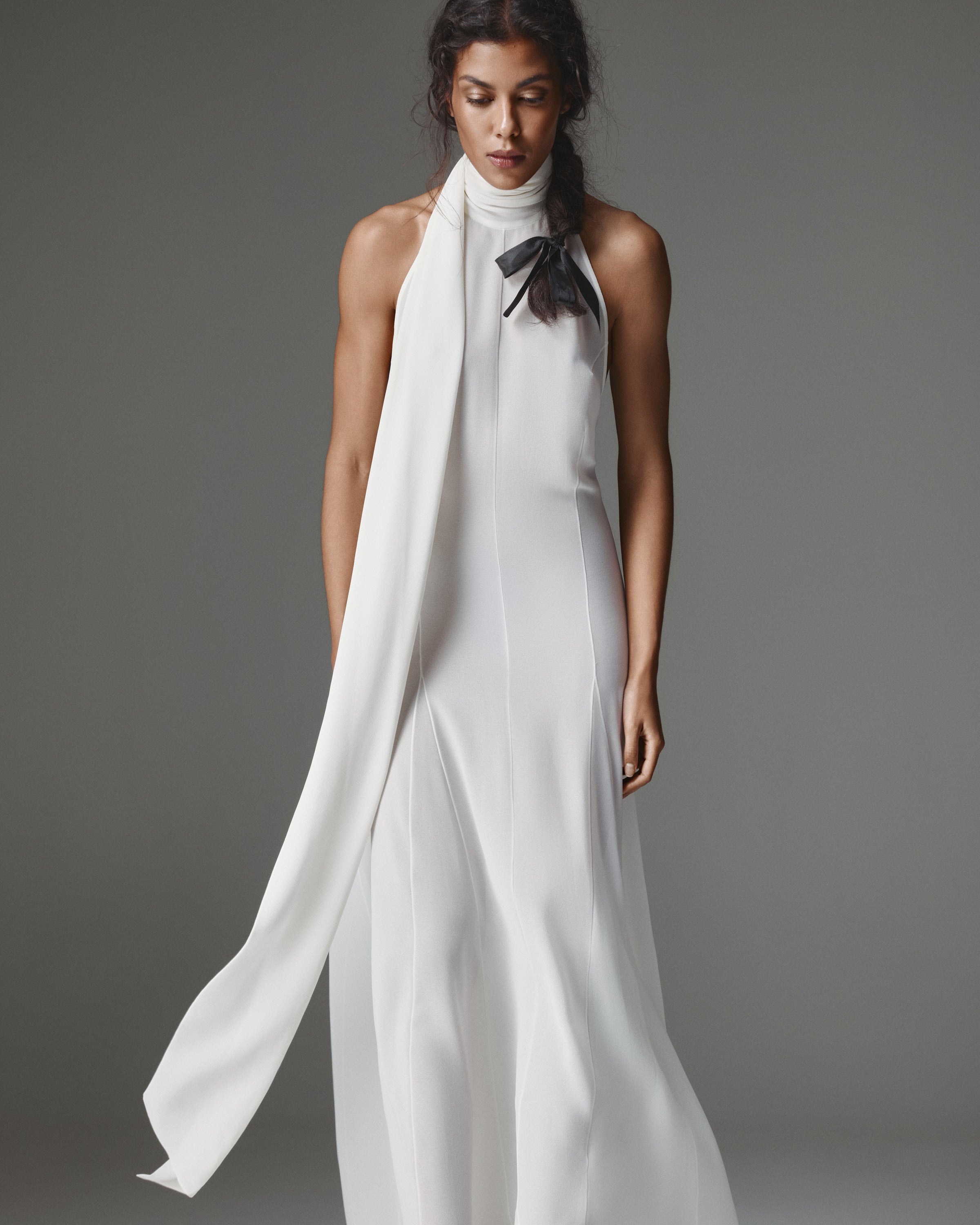 Mia Chiffon Dress by J'amemme - white turtleneck chiffon gown detail