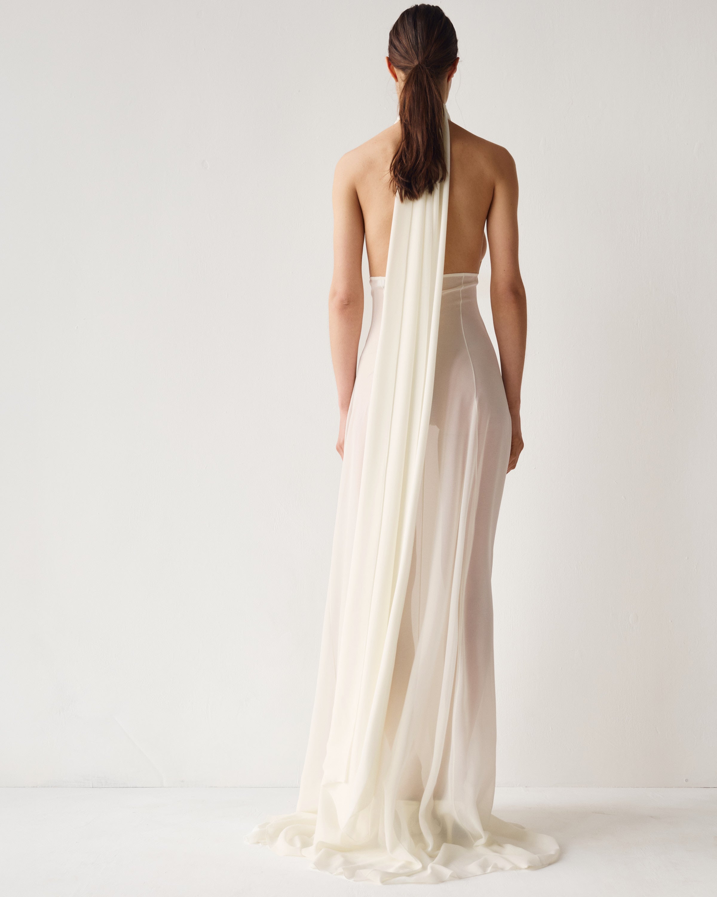Mia Chiffon Dress by J'amemme - white chiffon gown, fishtail hem detail