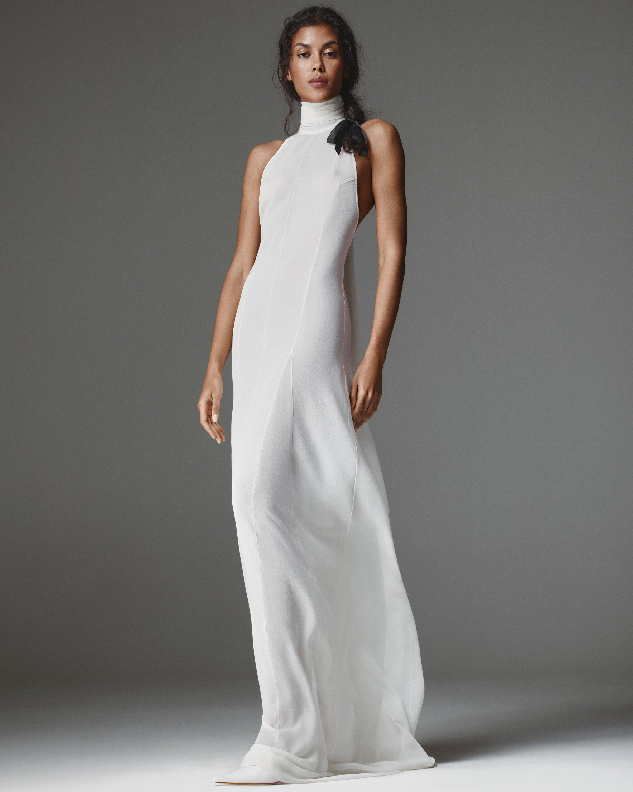 Mia Chiffon Dress by J'amemme - white chiffon gown, open back with draping scarf