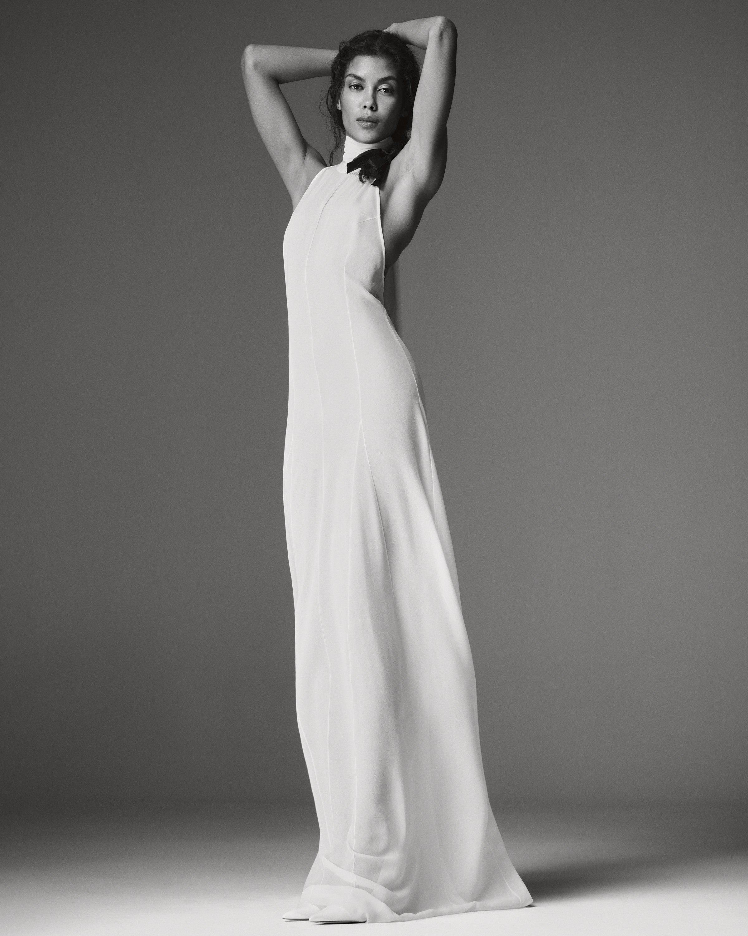 Mia Chiffon Dress by J'amemme - white chiffon gown, scarf panel detail