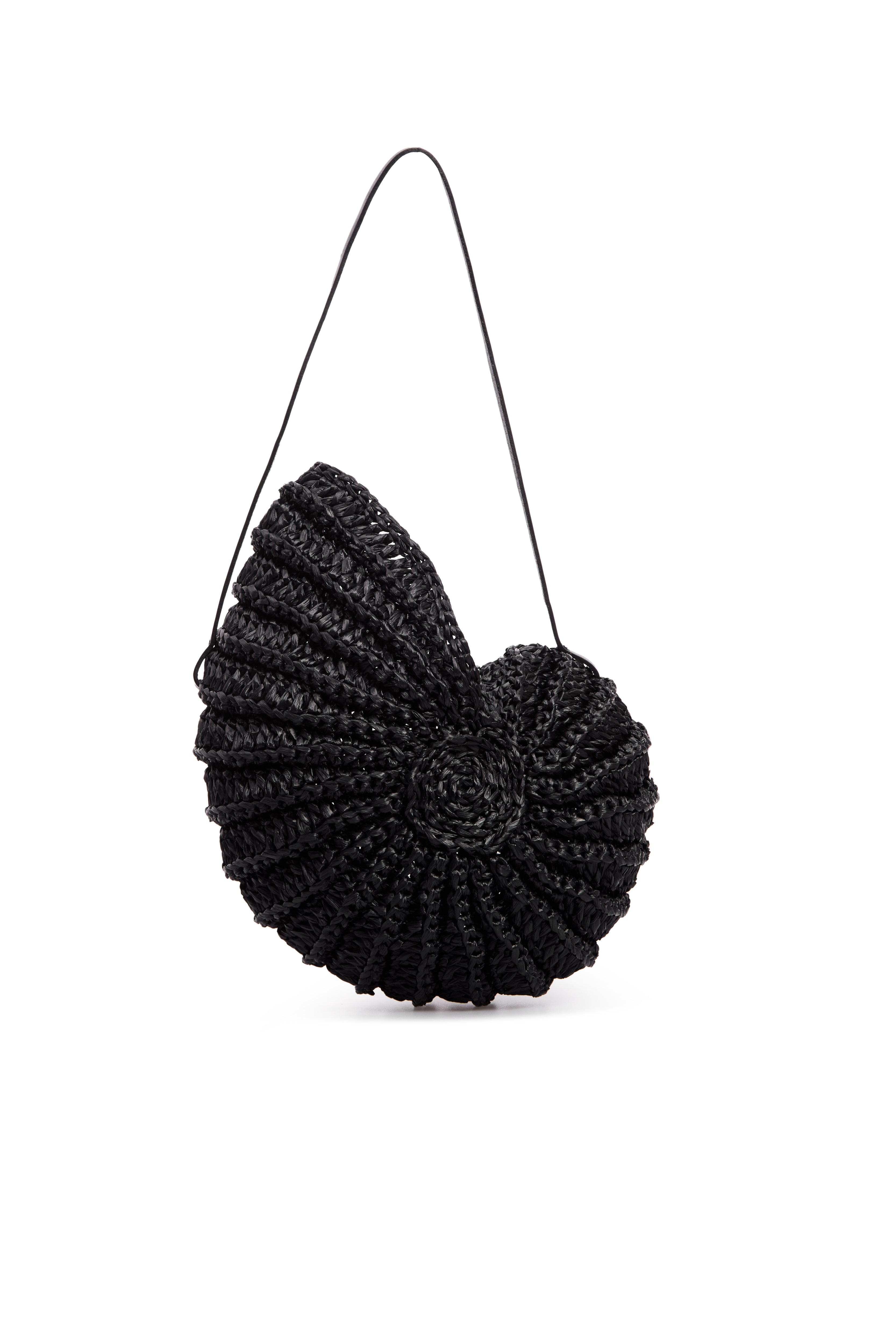 Black hand-woven raffia bag shaped after a nautilus shell, front view — J'AMEMME