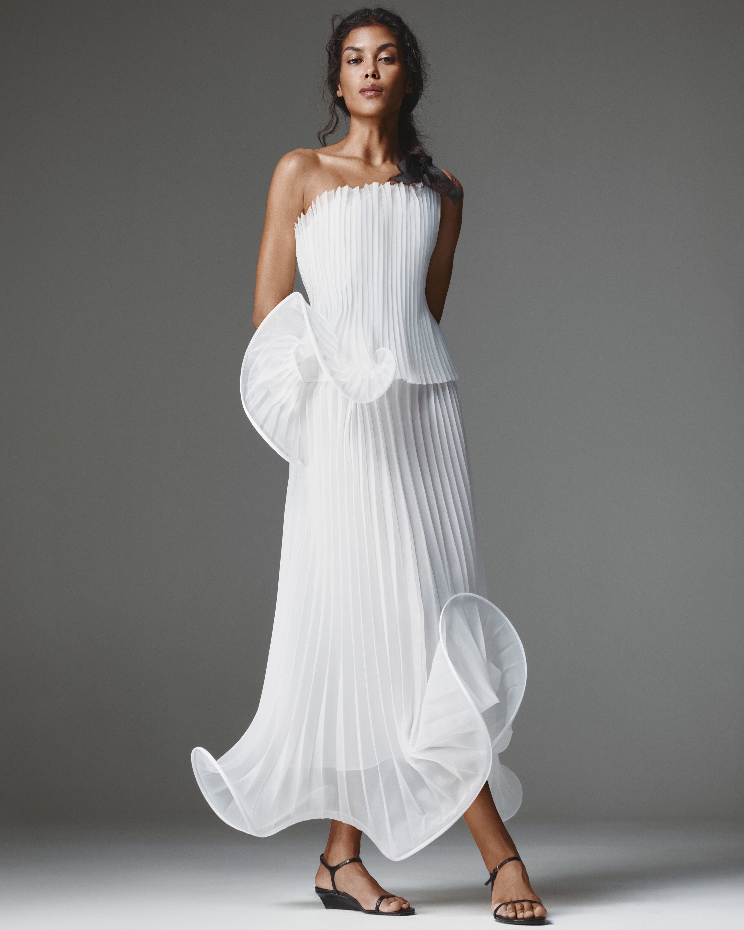 Nina Pleated Set by J'amemme — front view, strapless hand-pleated white chiffon top and skirt with organza ruffle waves