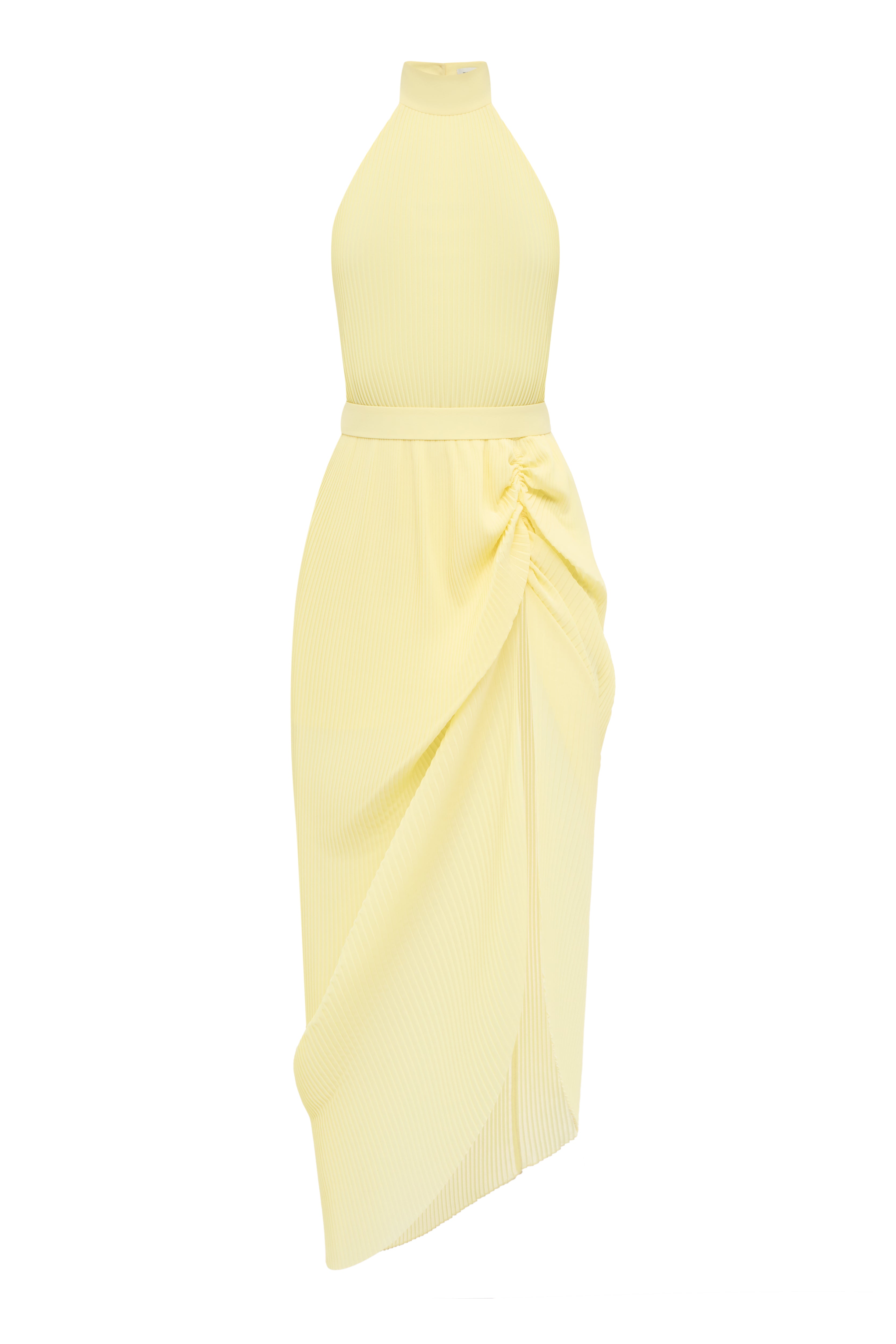 Jamemme Oman Chiffon Dress in yellow - hand-pleated chiffon, sleeveless, fitted with leg cutout and waist belt, SS26